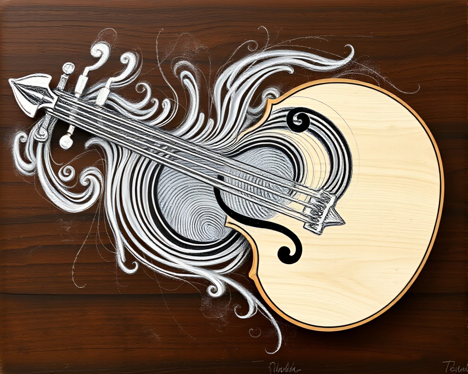 Chalk drawing of violin with intricate fingerprint swirls