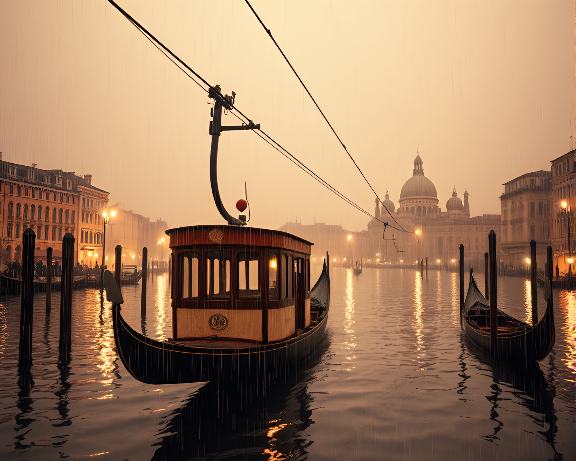 Gondola Lift in Sepia: Rainy Foil Stamping Reflections – free AI stock image