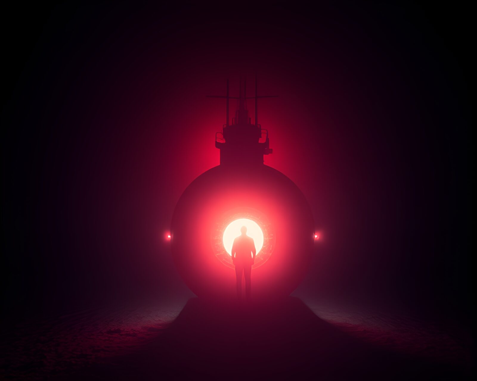 Infrared photo of off-centered submarine in torchlight glow