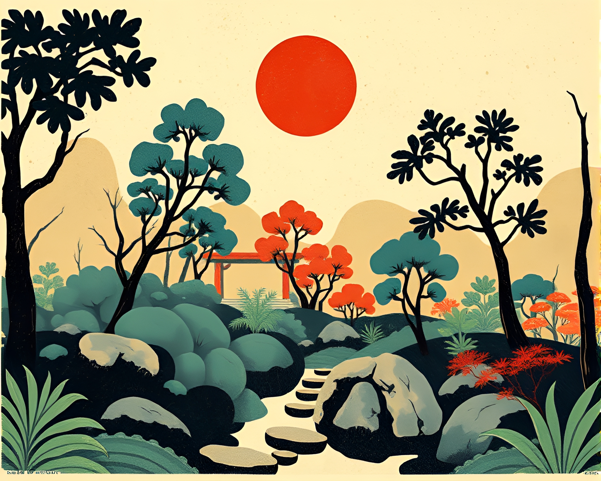 Cubist Zen Garden Woodblock Print Marks – free AI stock image