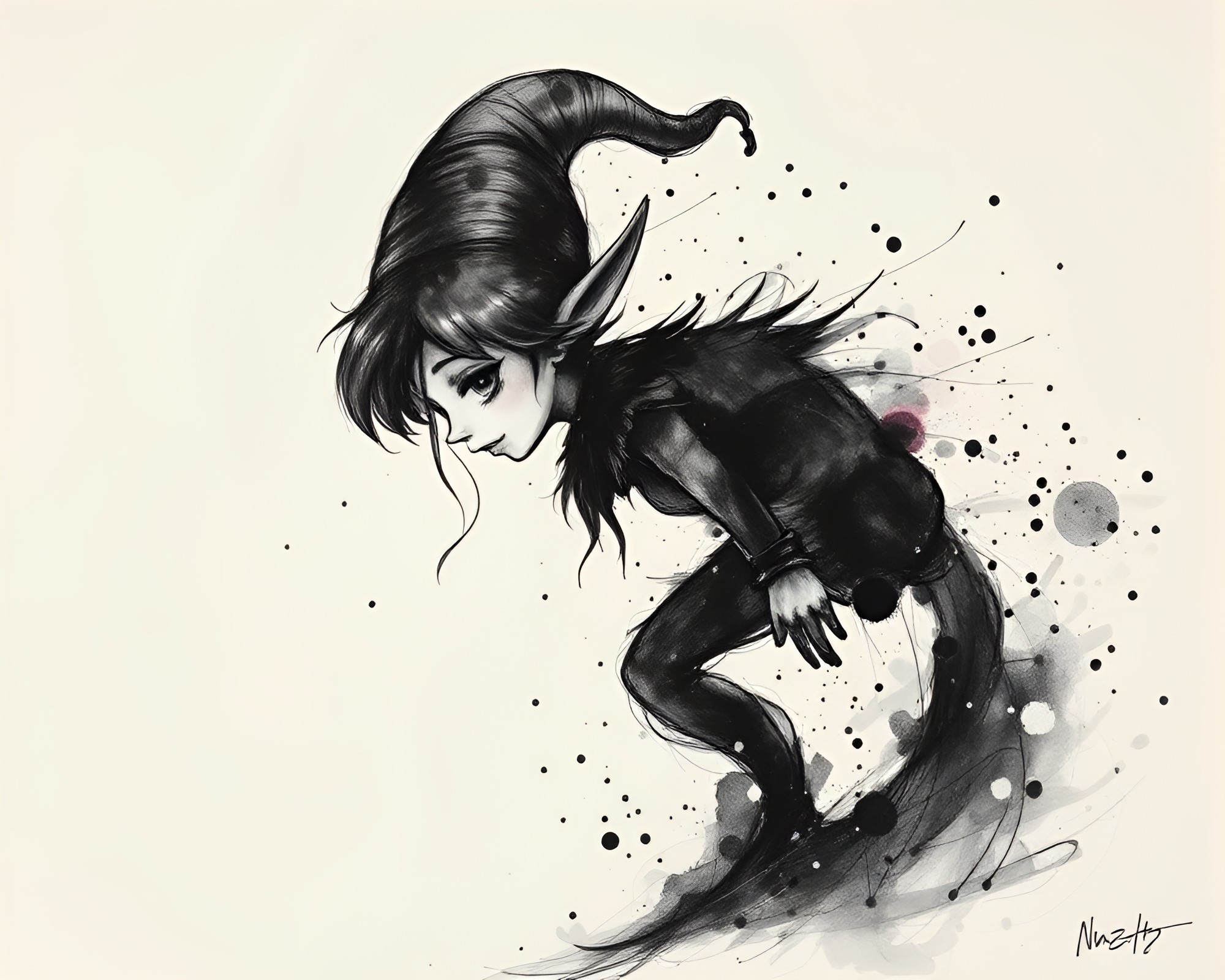 Ethereal Elf Amid Ink Splashes – free AI stock image