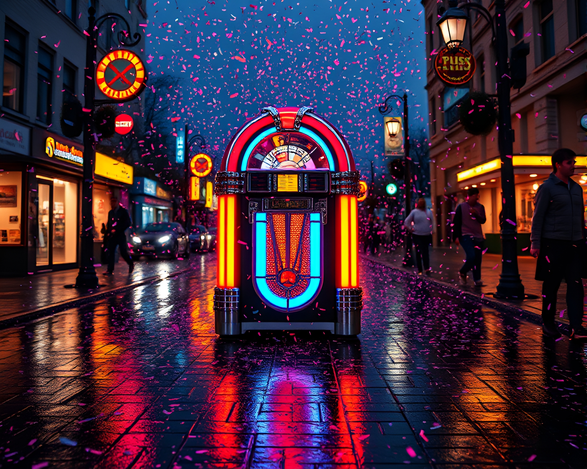 Retro Jukebox on Wet Pavement with Confetti Color Burst – free AI stock image