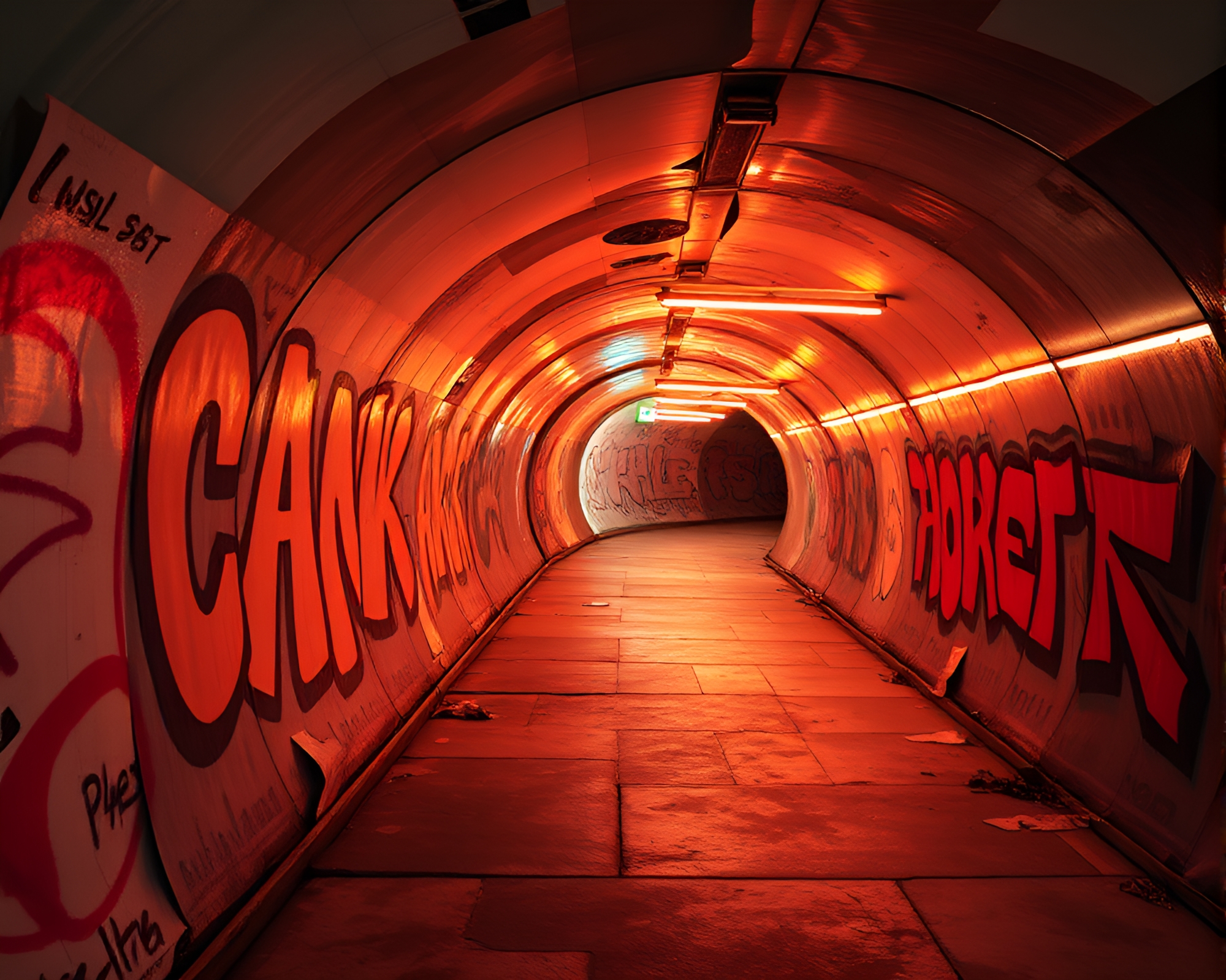 Neon Graffiti Glass Tunnel: 90s Grunge Style – free AI stock image