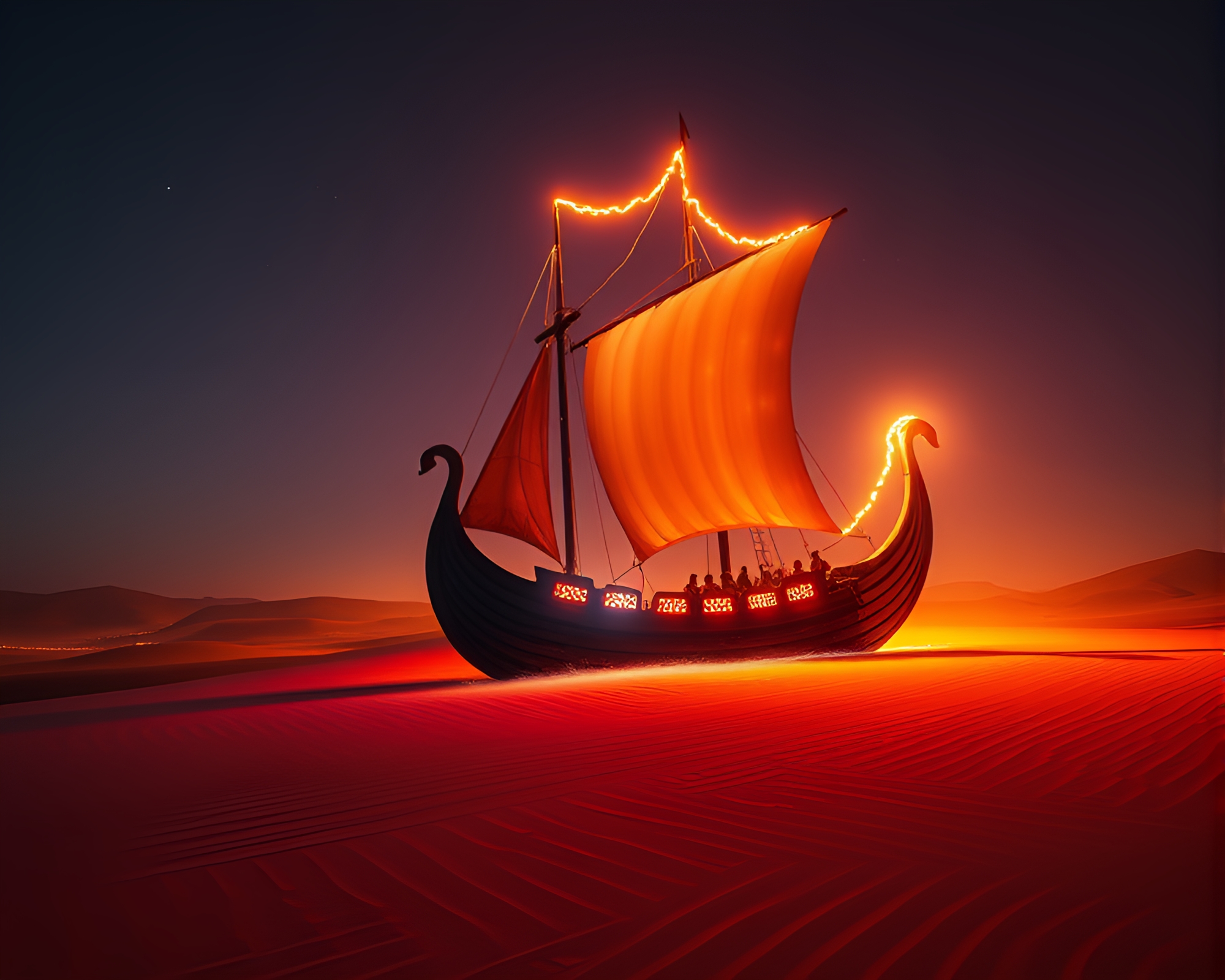 Viking longship hologram in desert with car light trails – free AI stock image