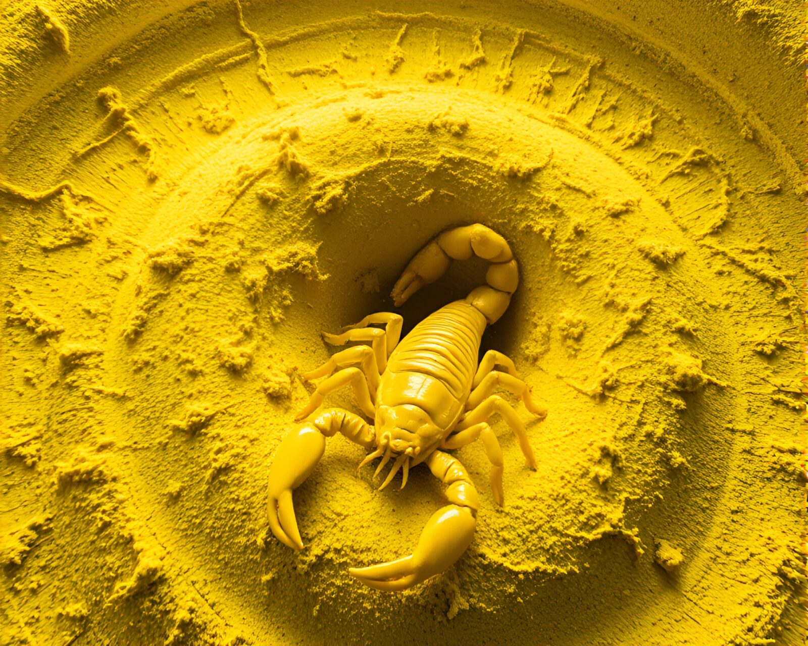 Infrared photo of a giant scorpion in spiraling yellow hues