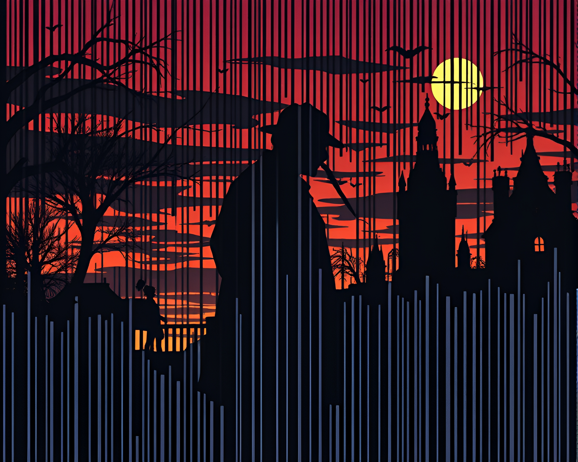 Sherlock Holmes Barcode Stripe Silhouette at Dusk – free AI stock image
