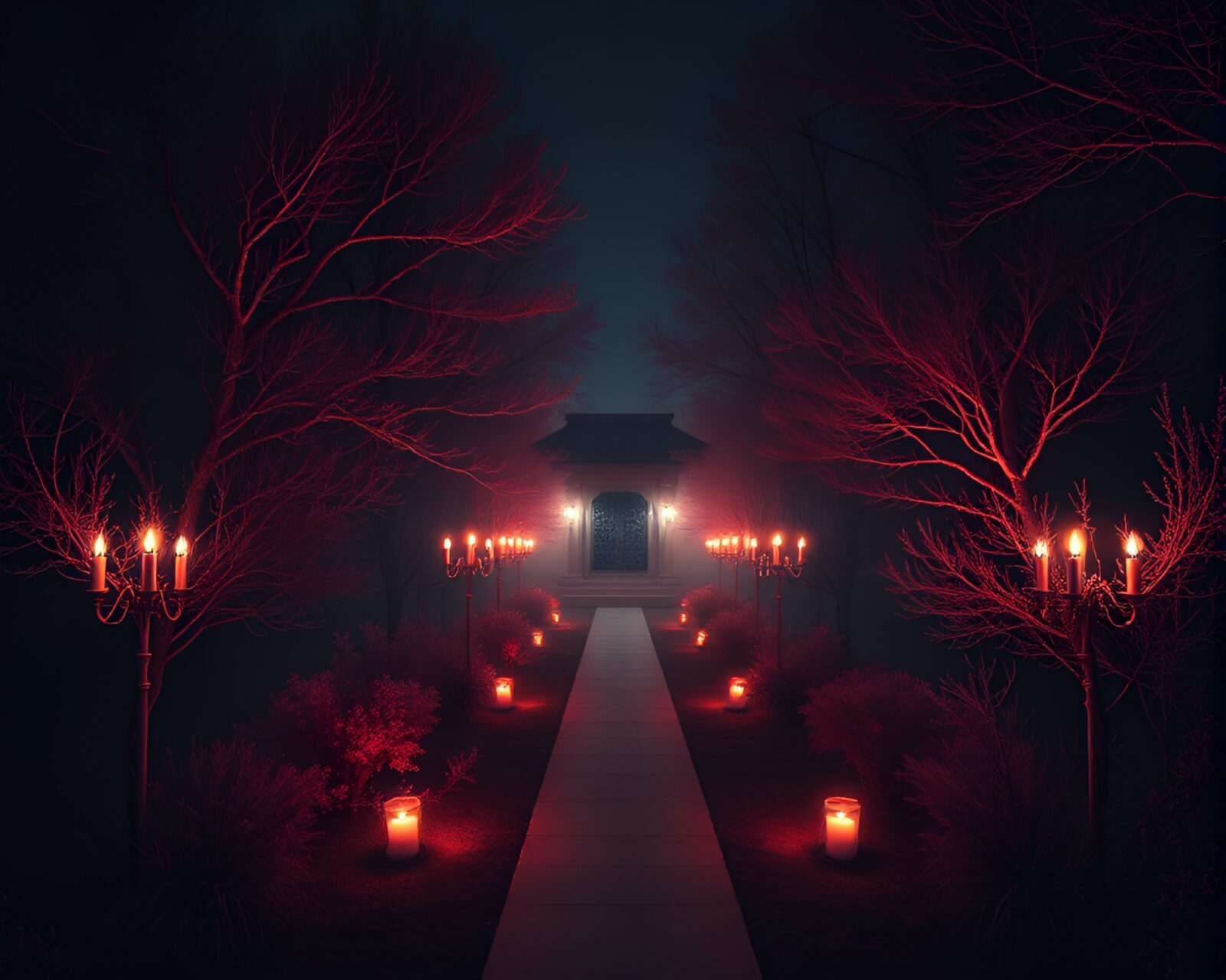 Drone hovering over eerie candlelit forest in infrared light