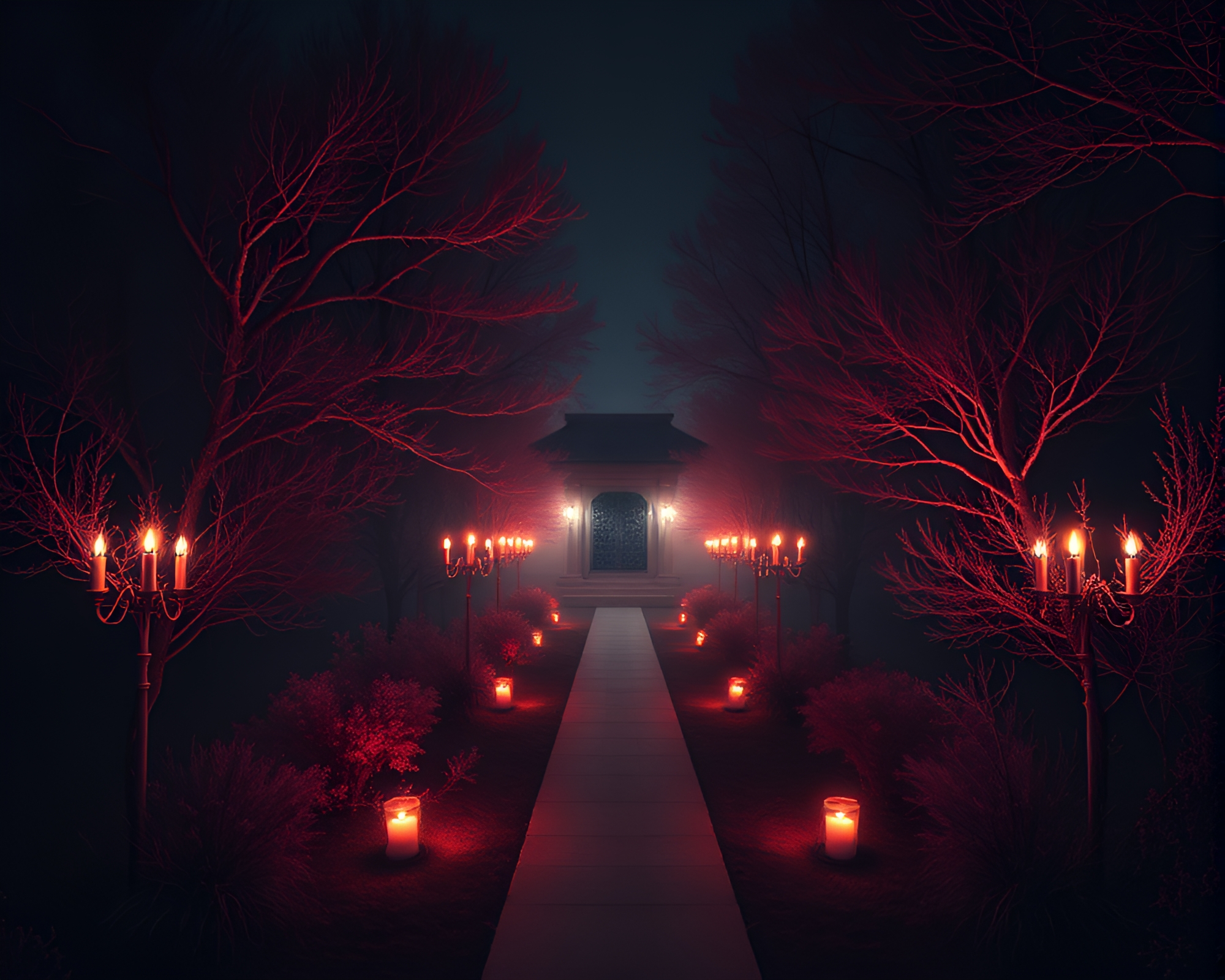 Symmetrical Infrared Drone Over Candlelit Landscape – free AI stock image