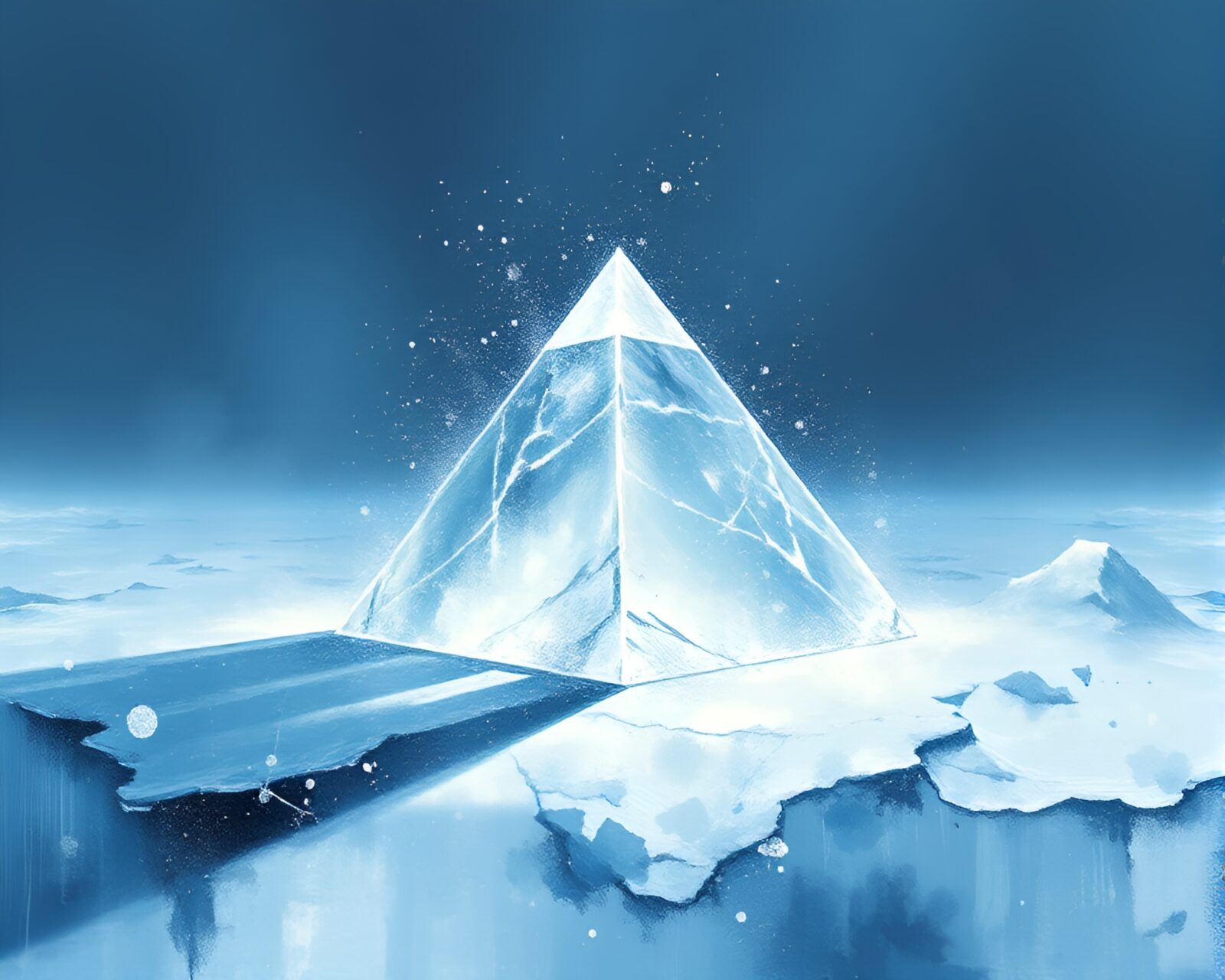 Impressionist painting of glass pyramid surrounded by dust particles