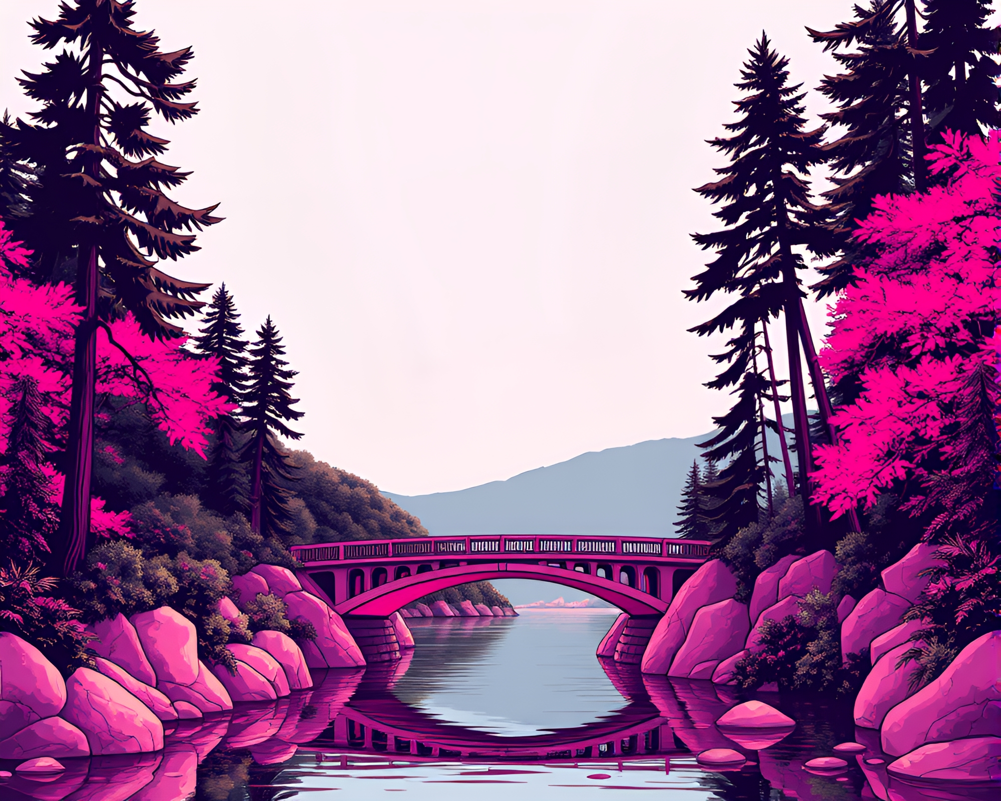 Enchanting bridges: Mysterious magenta frames nature’s beauty – free AI stock image