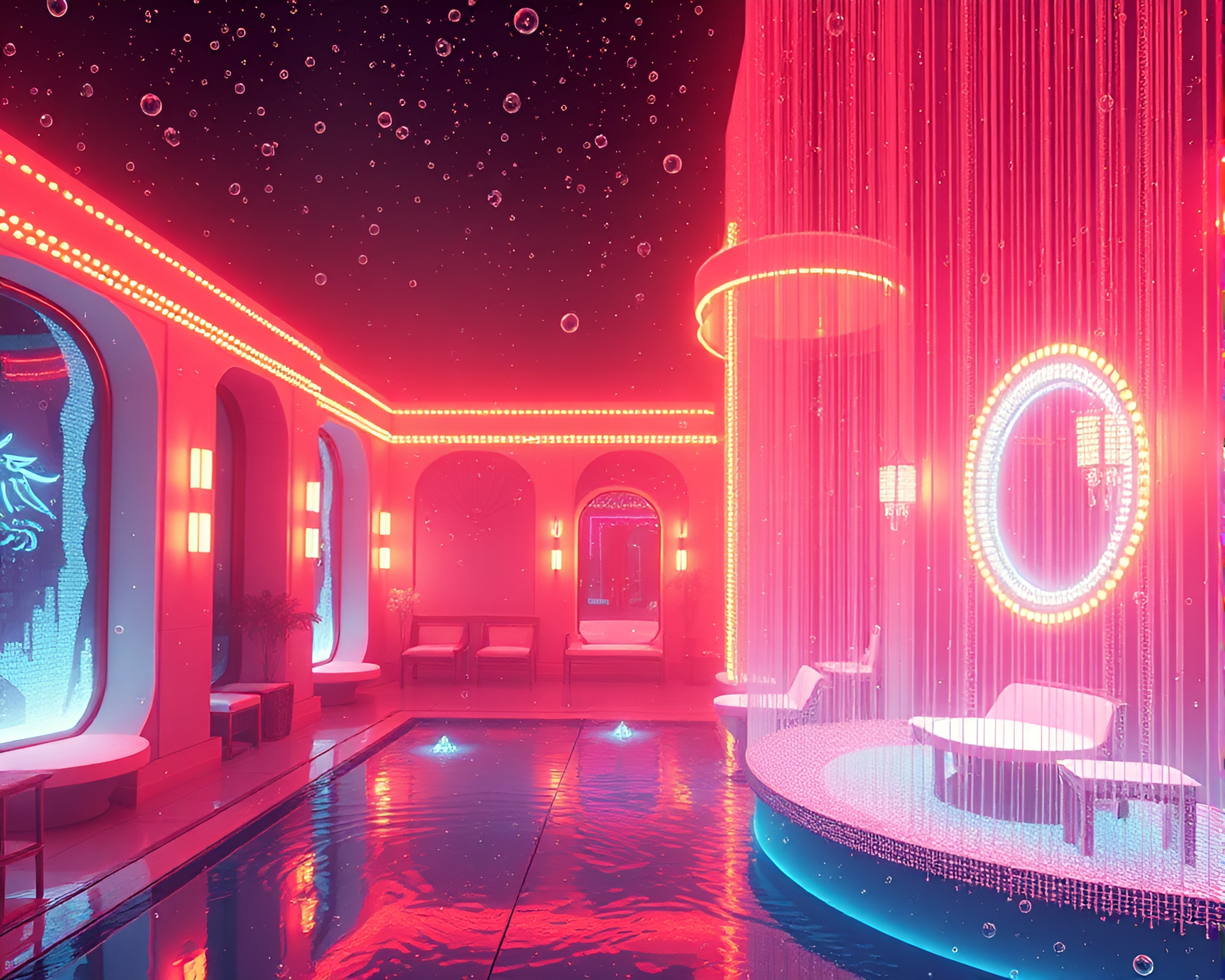 Art Deco Hotel with Pixelated Water Droplets – free AI stock image