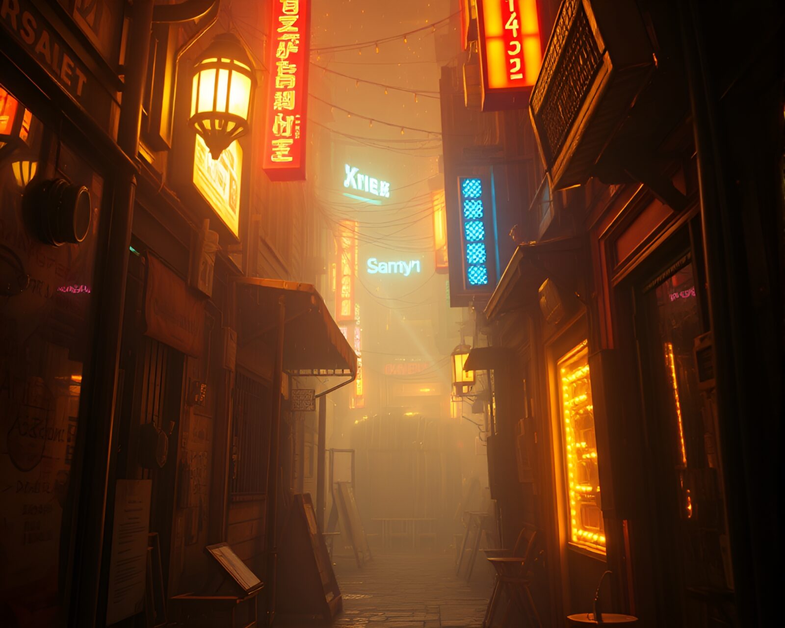 Futuristic alley with glowing gold accents and mystical aura