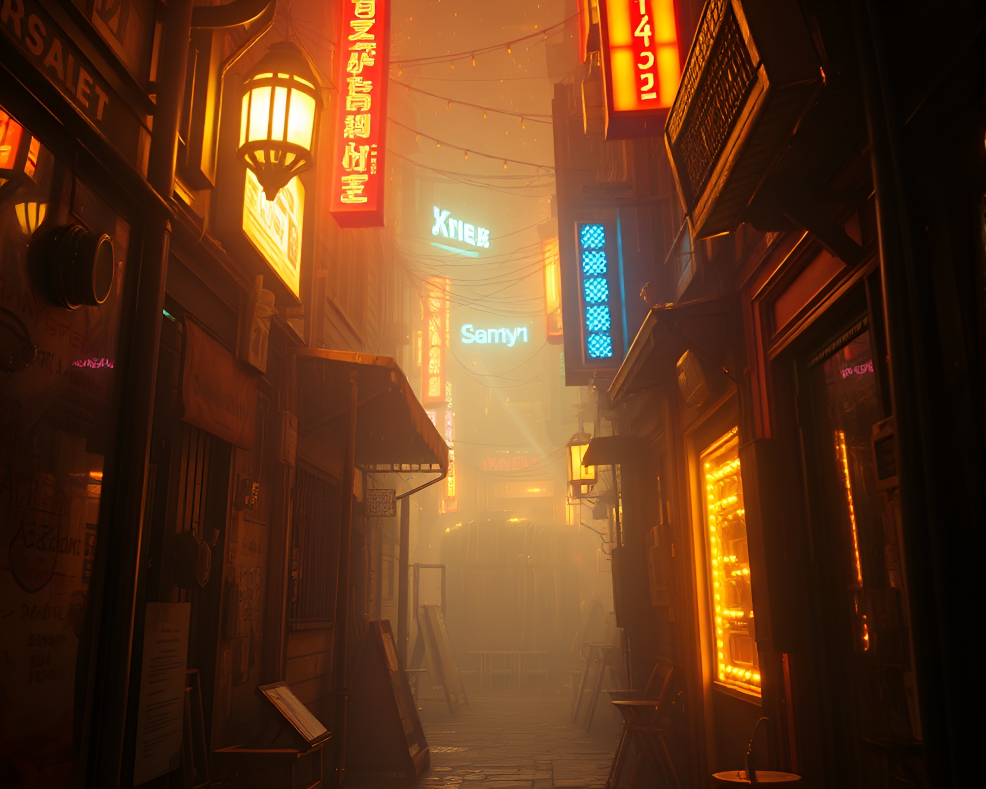 Cyberpunk Alley with Gold Foil Sorcery Glow Accents – free AI stock image