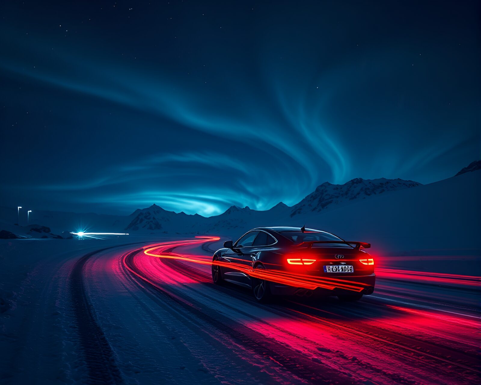 Fractal art sword slicing through bright car light trails