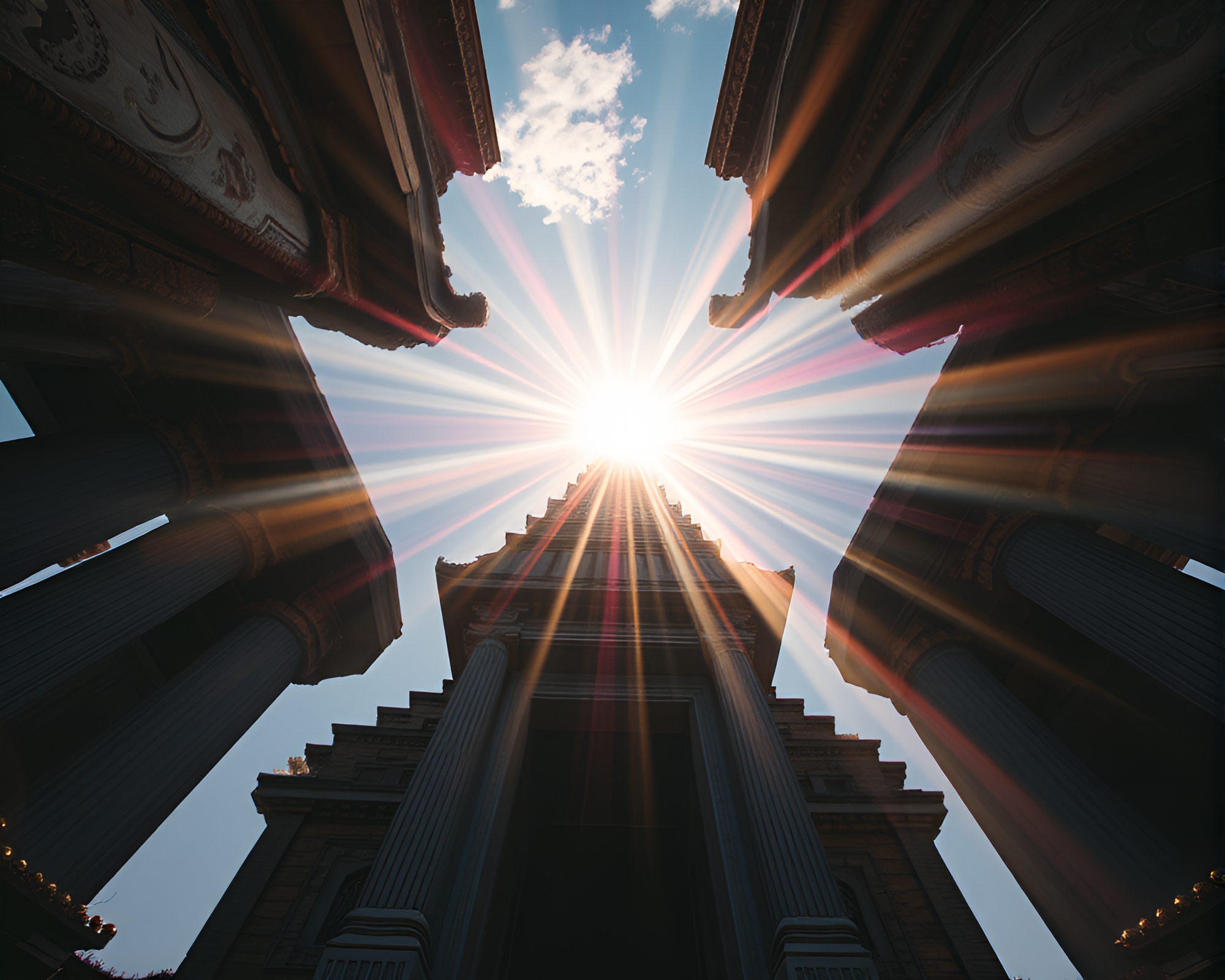 Ancient Temple Glowing in Golden Lens Flare Light – free AI stock image