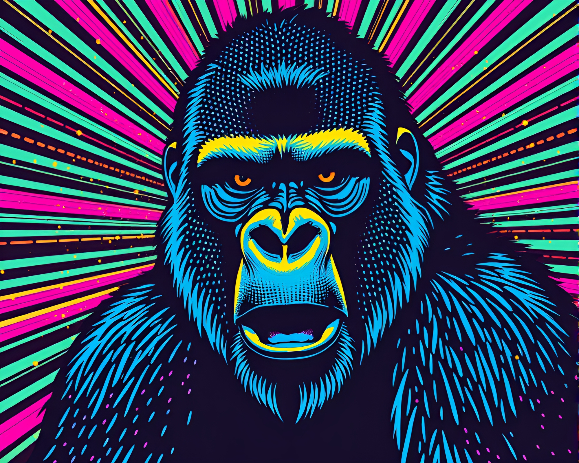 Gorilla in Vaporwave Starburst Colors Screenprint Dots – free AI stock image