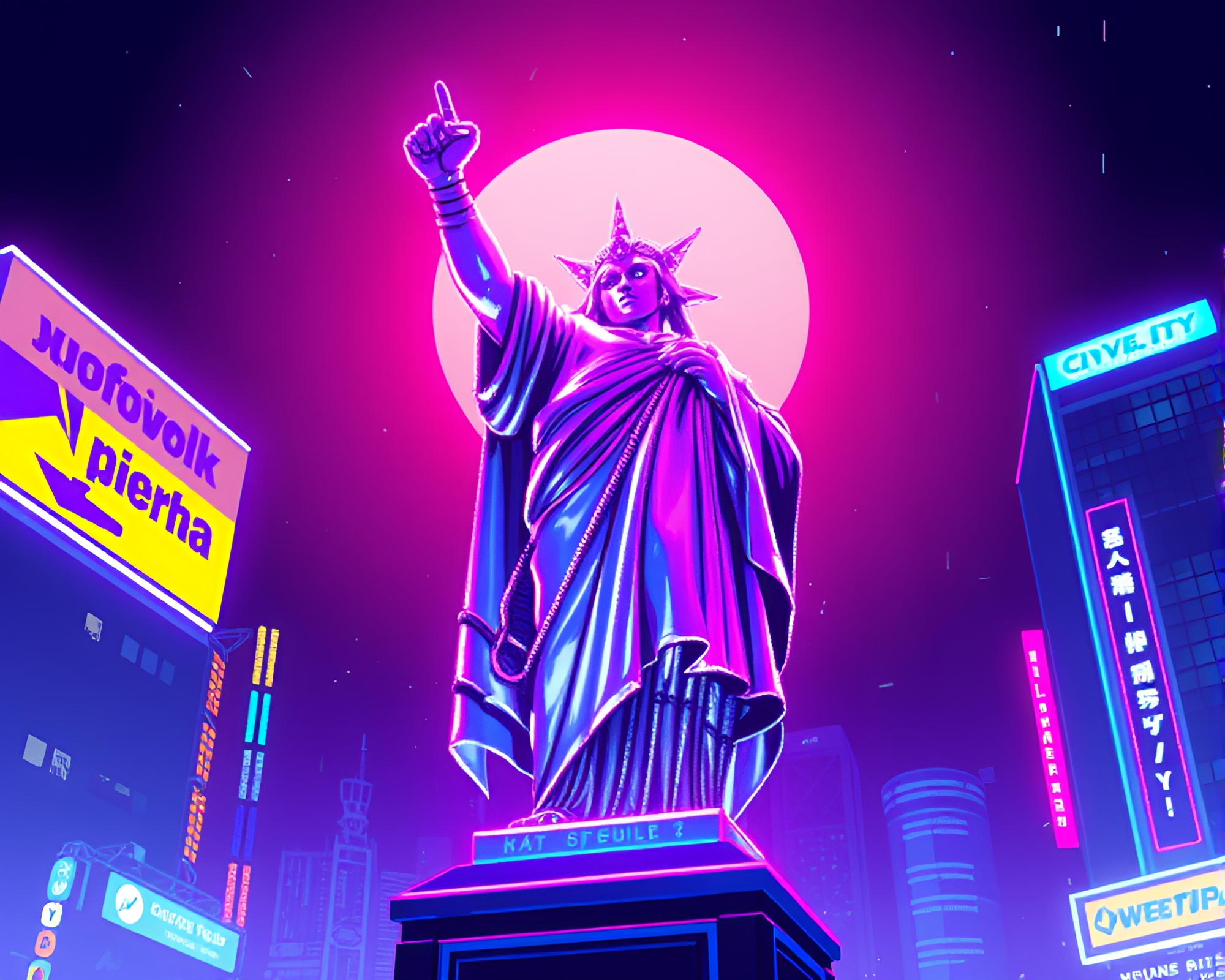 Pixelated Cyberpunk Statue Glowing Ultraviolet – free AI stock image