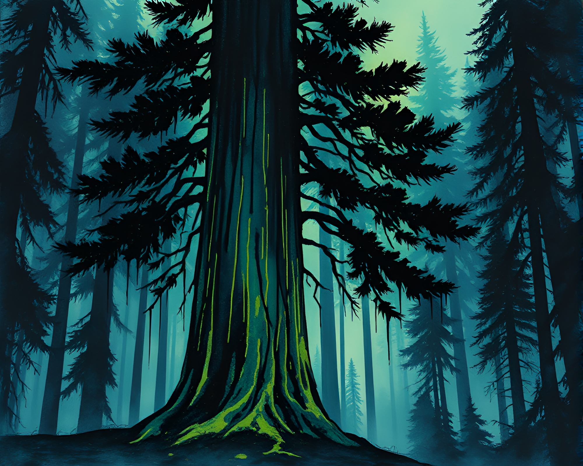Enchanting Redwood Tree Ink Wash Illumination – free AI stock image