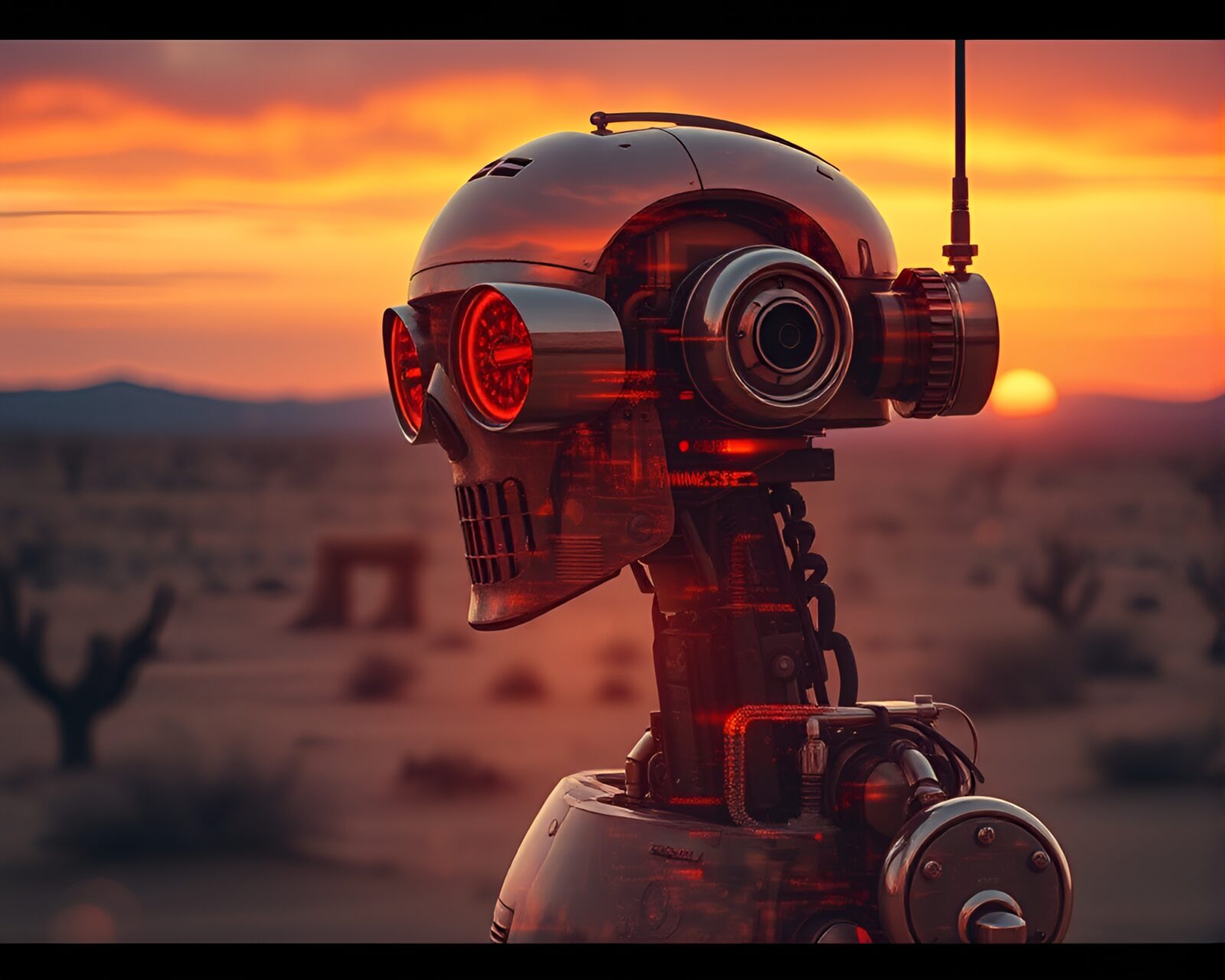 Fractal overlay of a steampunk robot in desert sunset