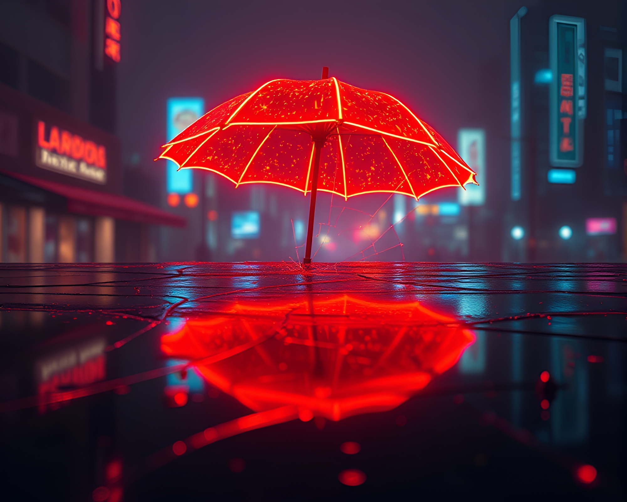 Neon-lit Umbrella Reflection in Broken Glass – free AI stock image
