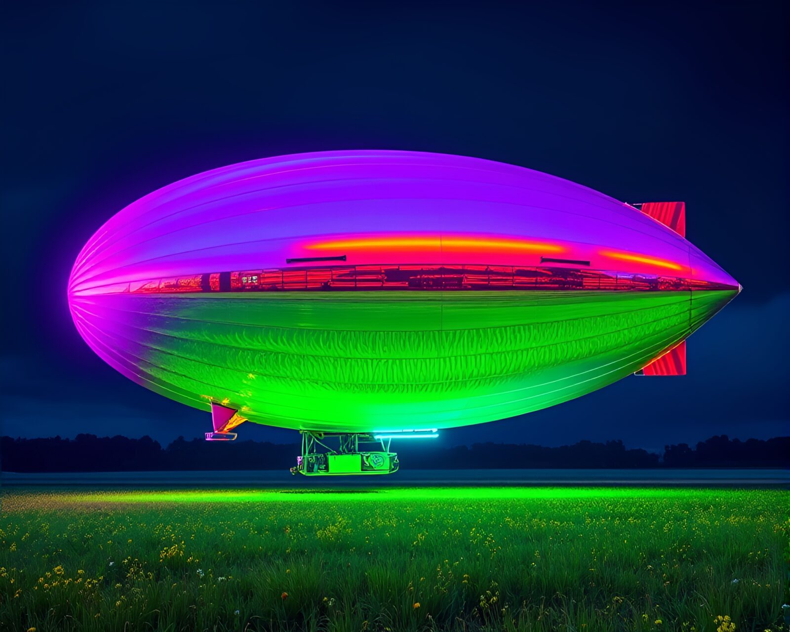 Vibrant color field painting of a glowing zeppelin reflecting in chrome