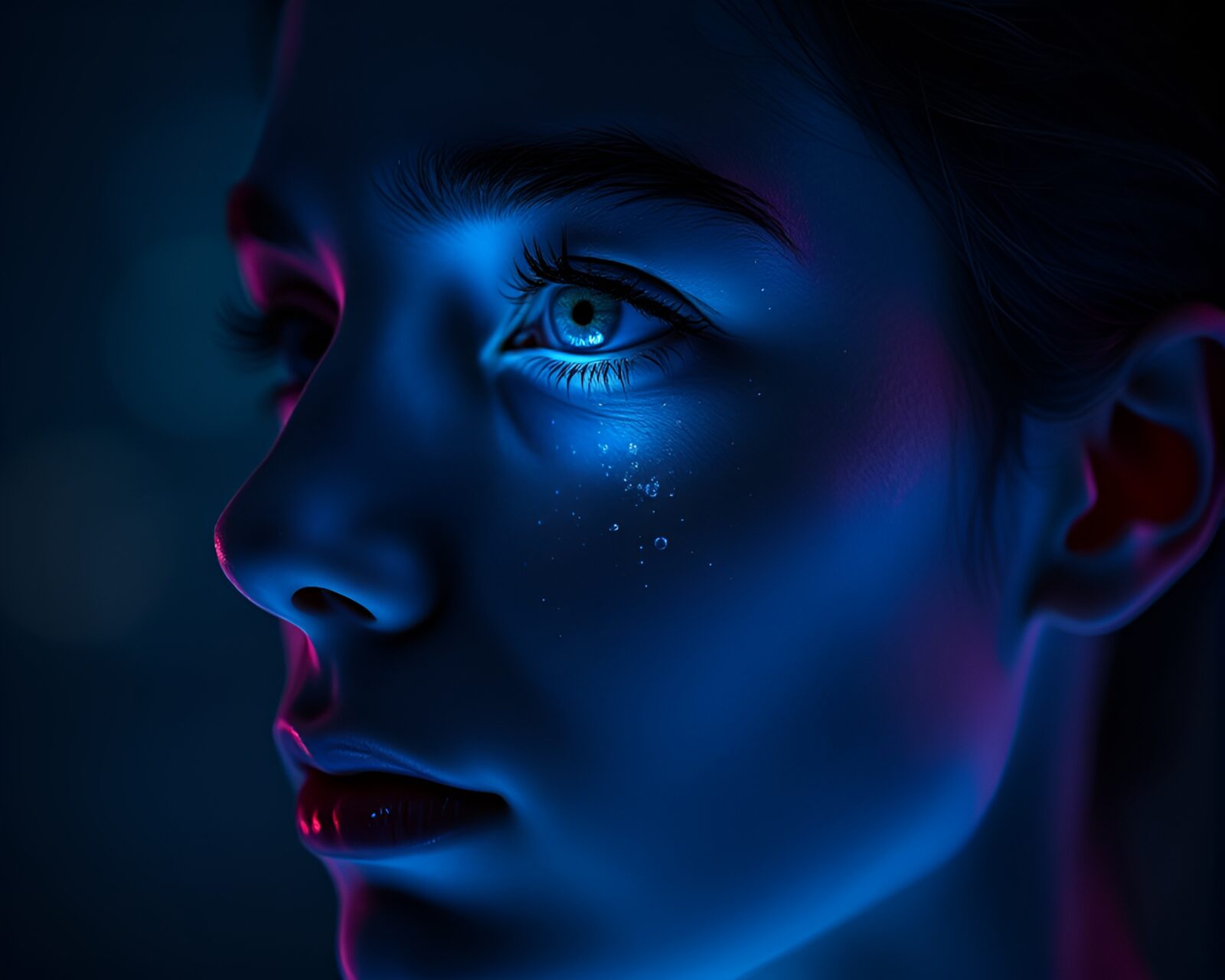 A glowing portrait with intricate data visualizations visible through a smart contact lens.