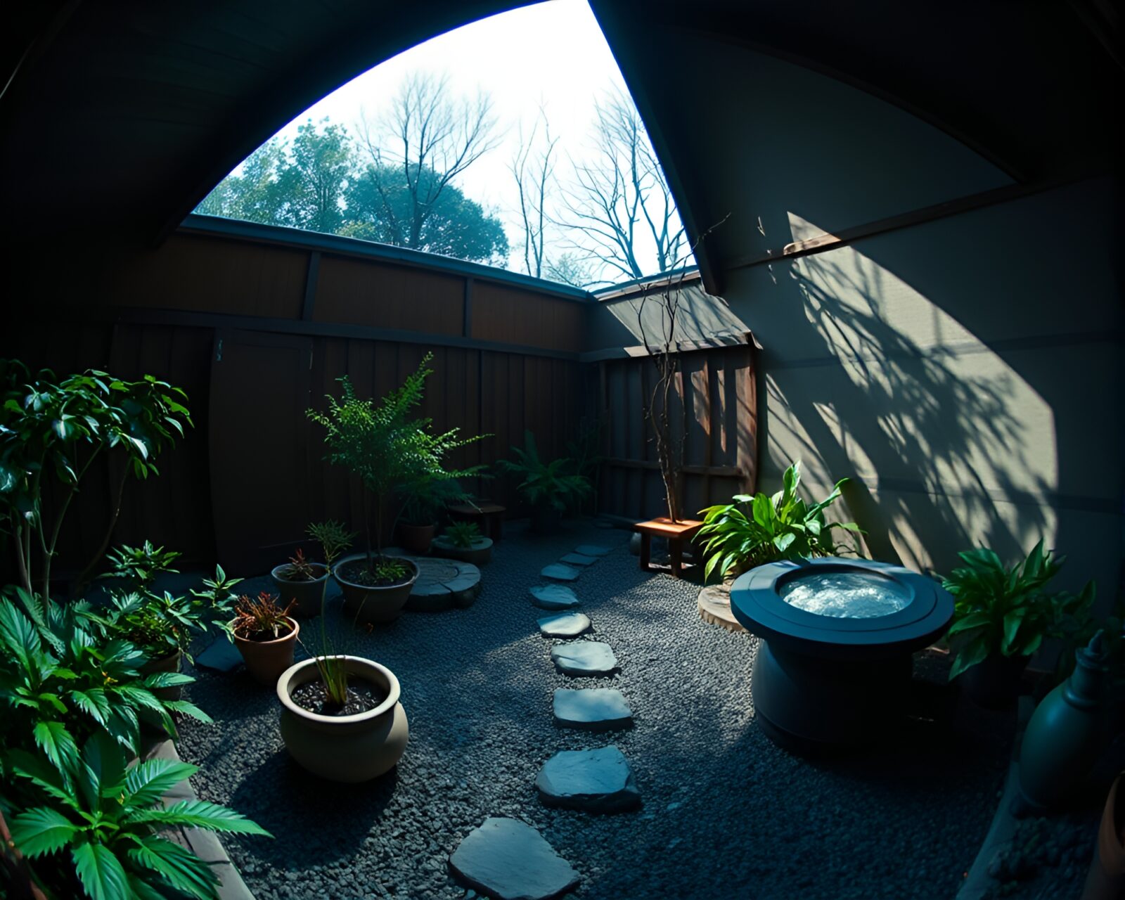 Surreal Zen garden scene with fisheye effect and photogrammetry style