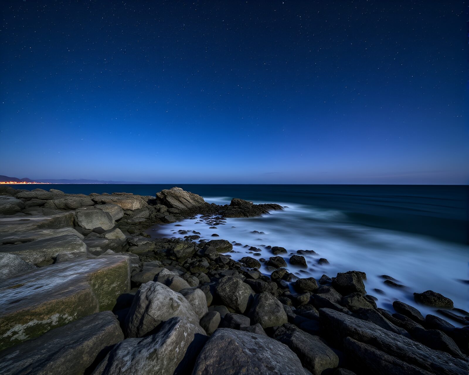 Slow shutter image of a fantastical ultraviolet rocky coastline