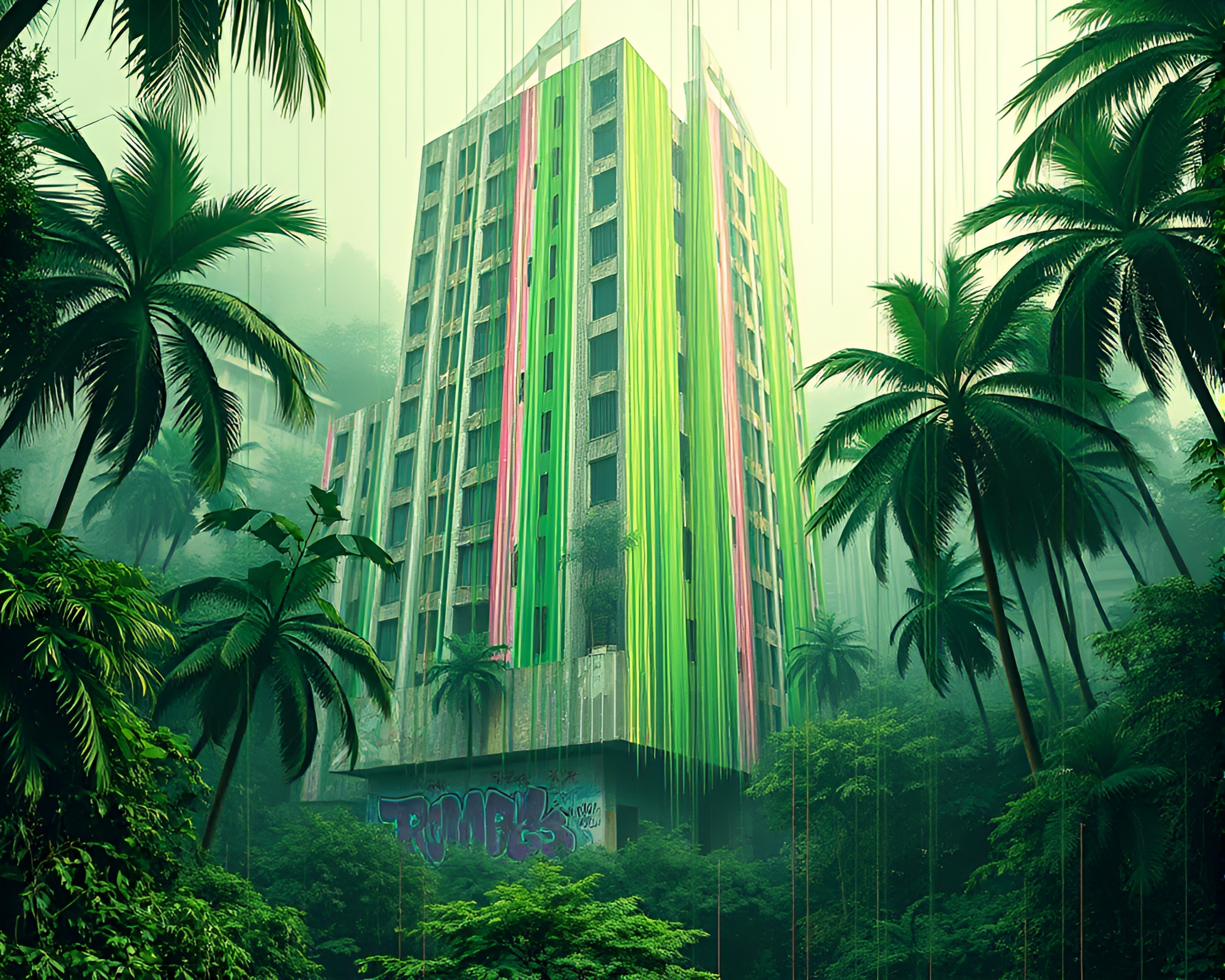 Digital Brutalism: Graffiti Drips in Rainforest Haze – free AI stock image