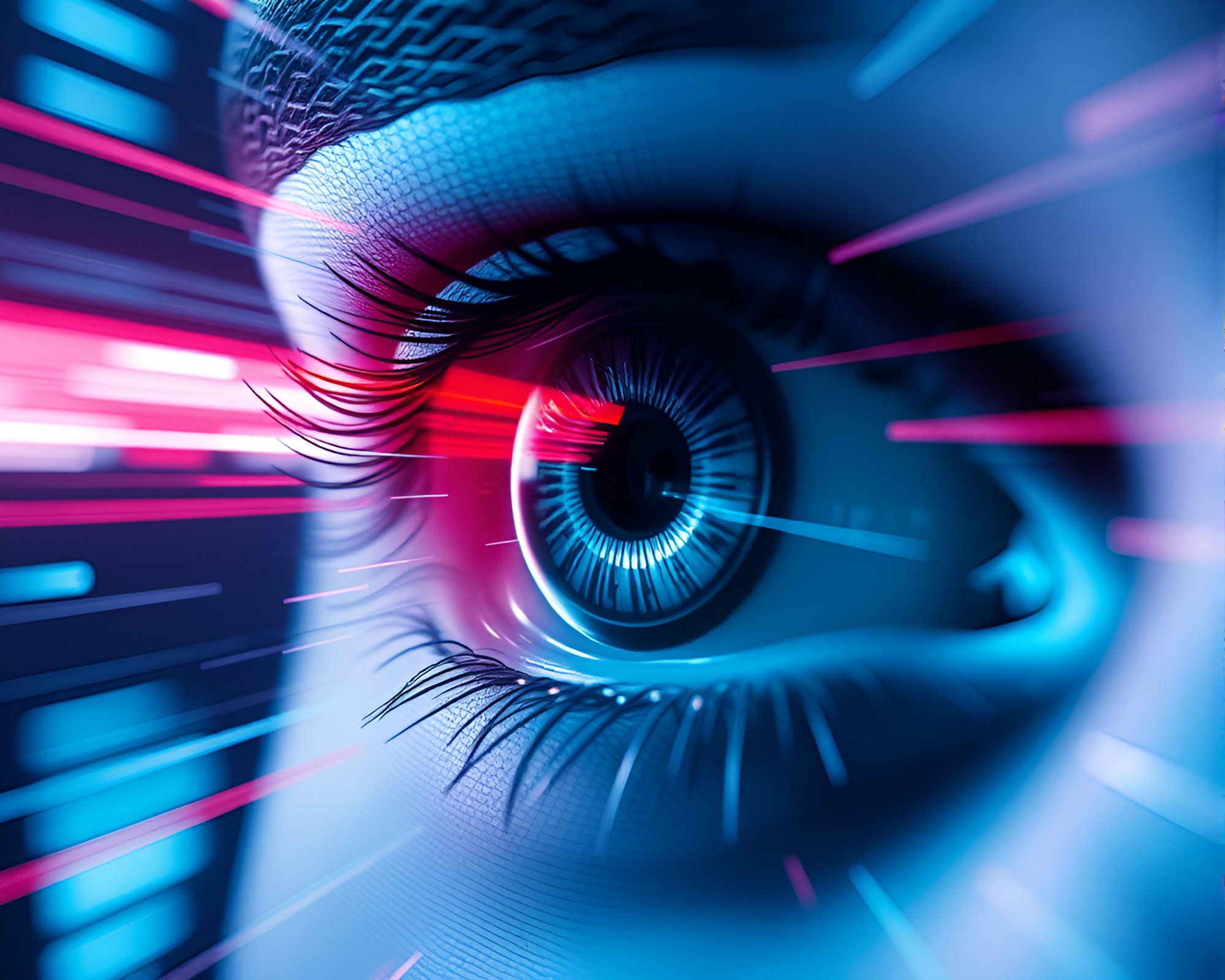 Futuristic cybernetic eye with light streaks and tilt – free AI stock image
