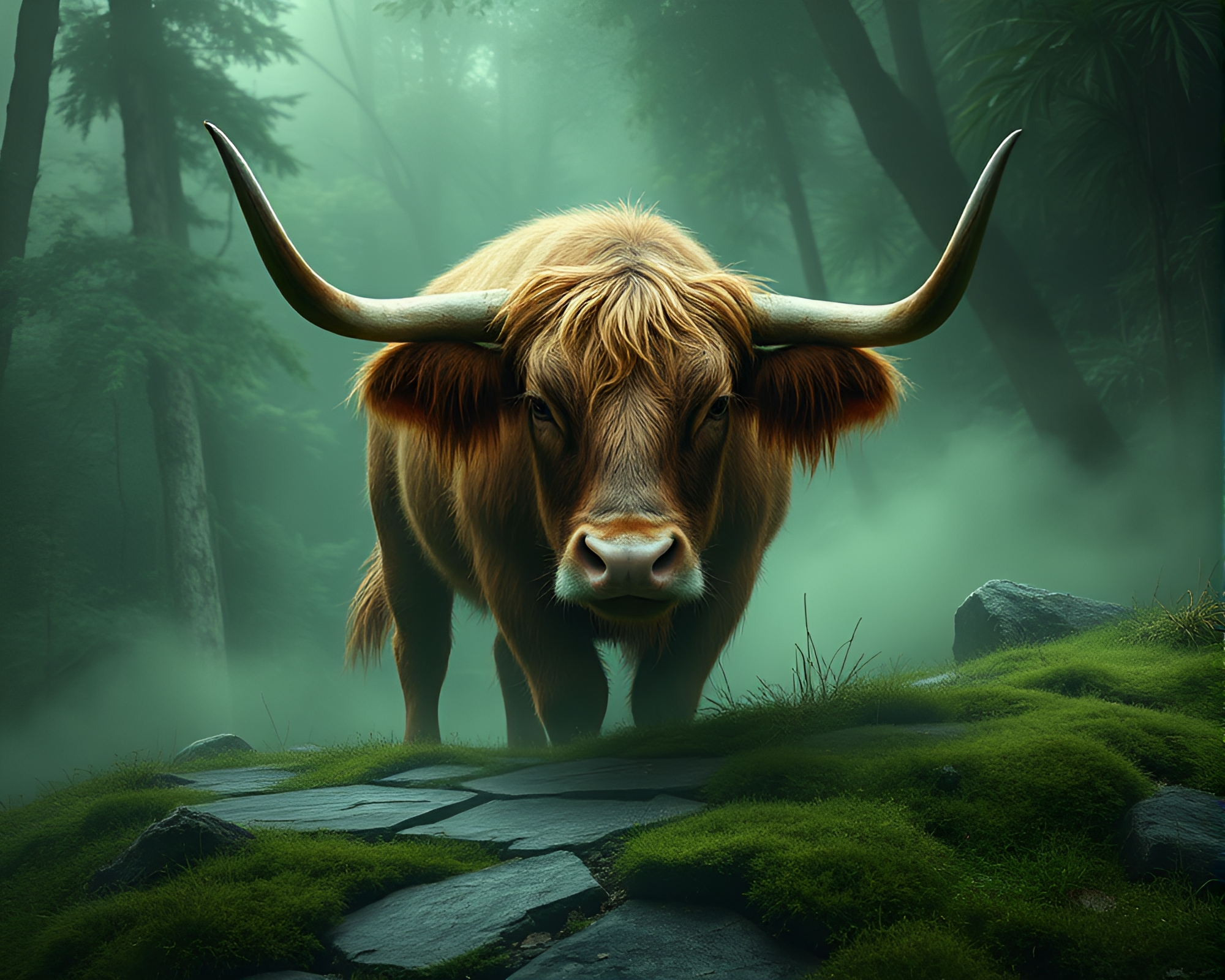 Highland Cow Standing on Cracked Earth in Rainforest Haze – free AI stock image