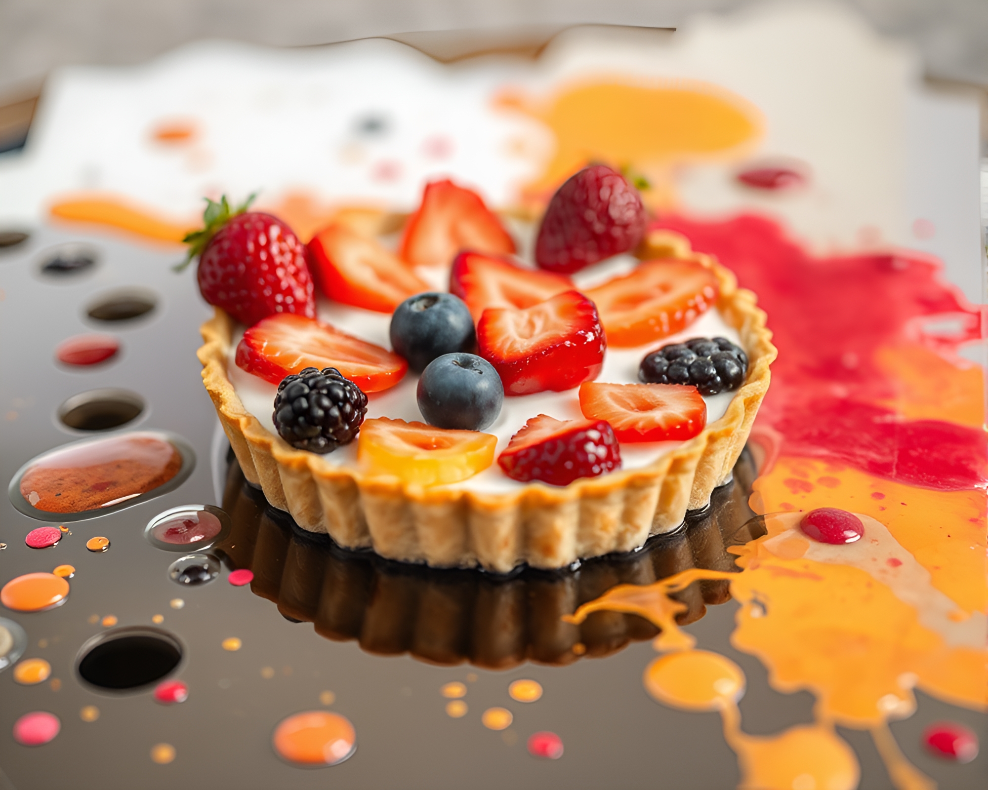 Fruit Tart Reflection in Vibrant Paint Splatter Puddle – free AI stock image