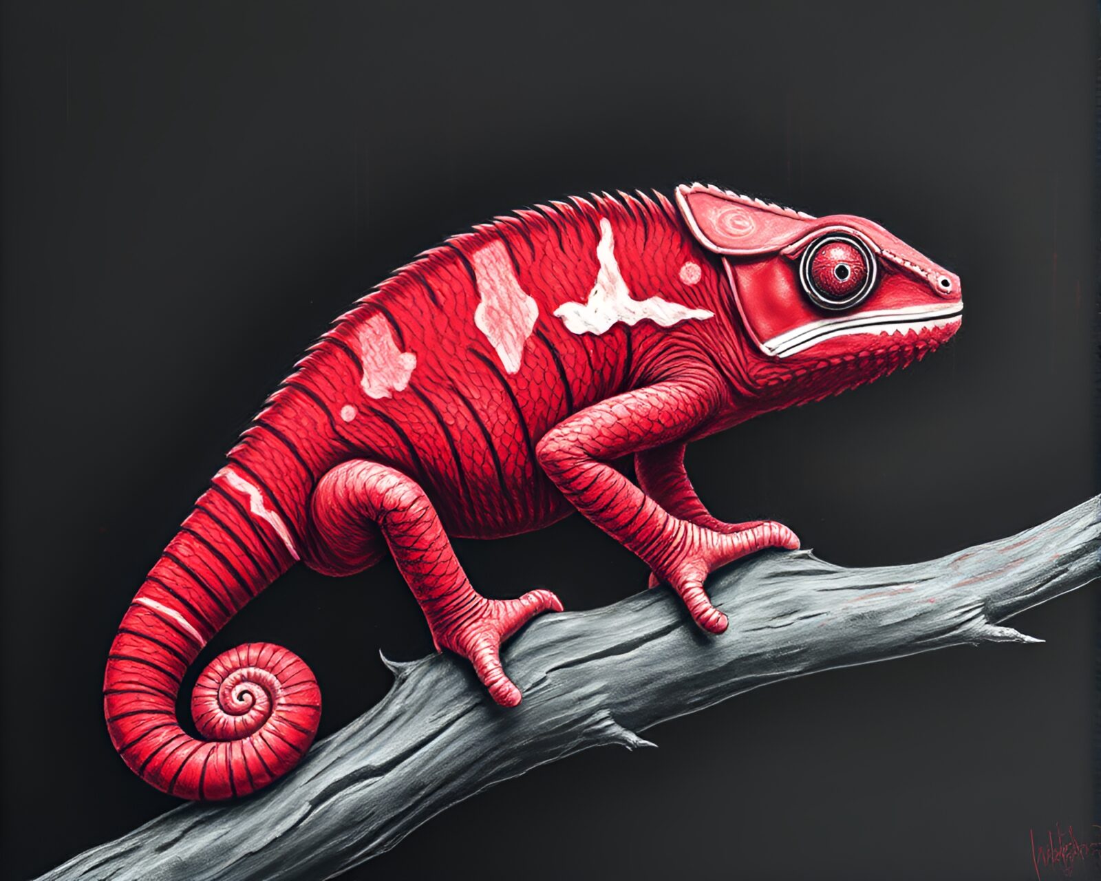 Wide shot of colorful chameleon on brick wall sketch