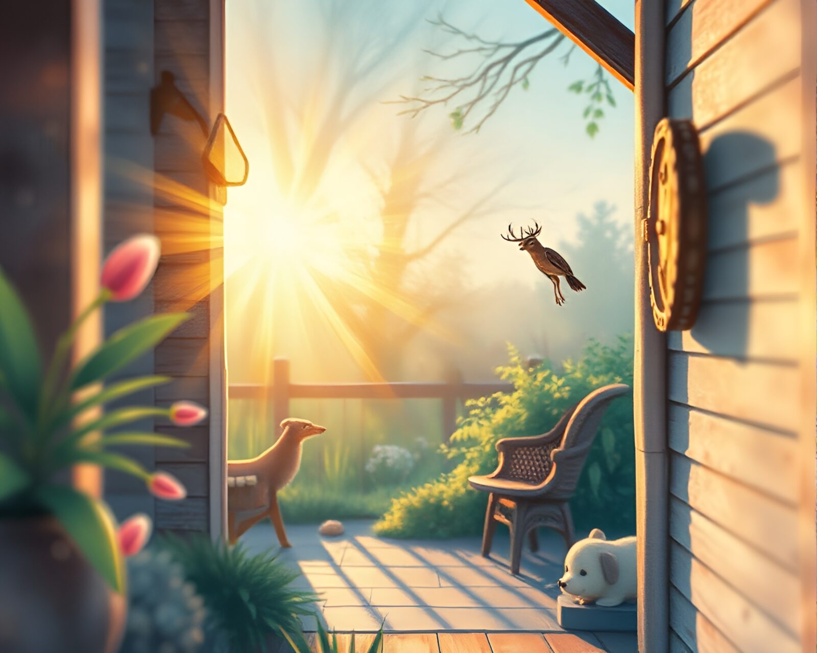 Vibrant synthwave fox in watercolor under warm porchlight glow