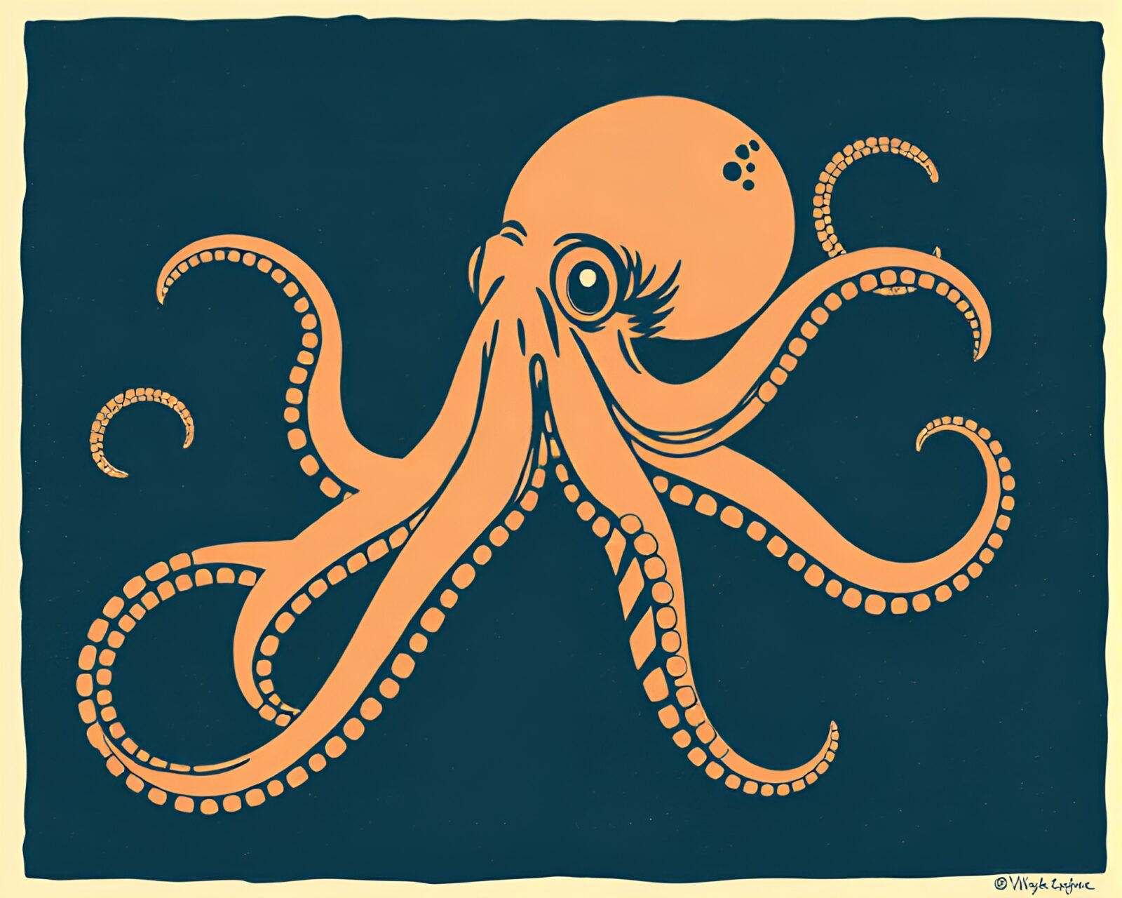 An intricate woodcut print of a mystical octopus glowing with muted pastel light leaks