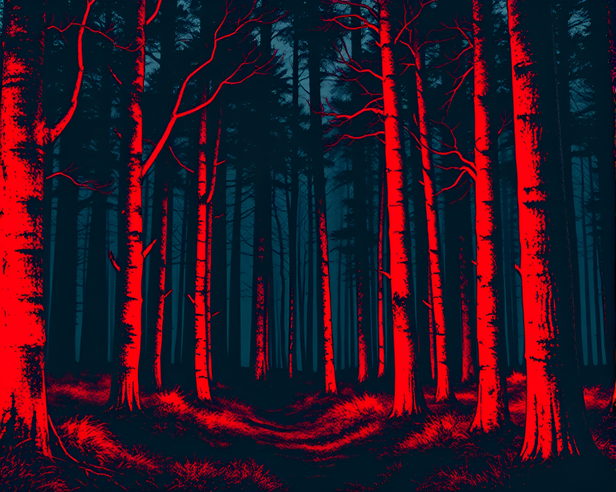 Halftone Grid Utopia: Forest in Brick Red Depths – free AI stock image