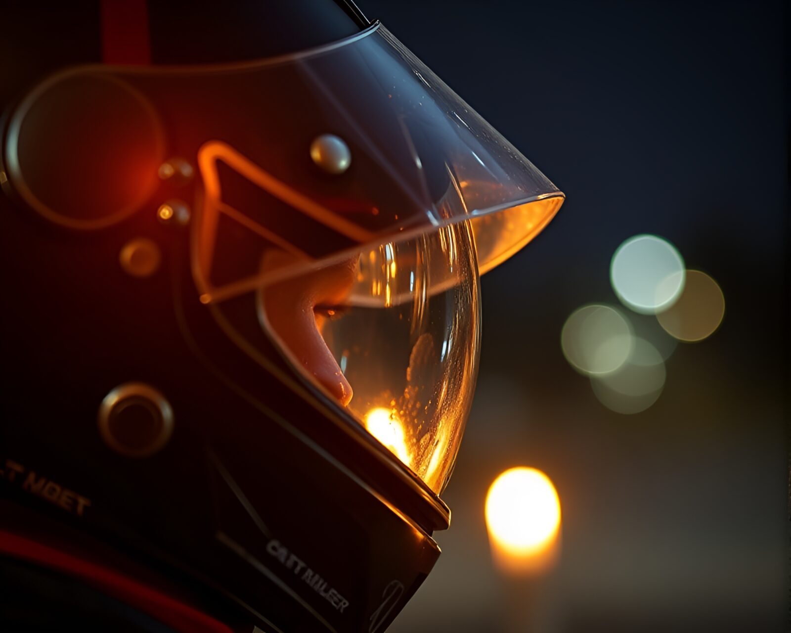 Detailed helmet illuminated by flickering candlelight in HDR contrast