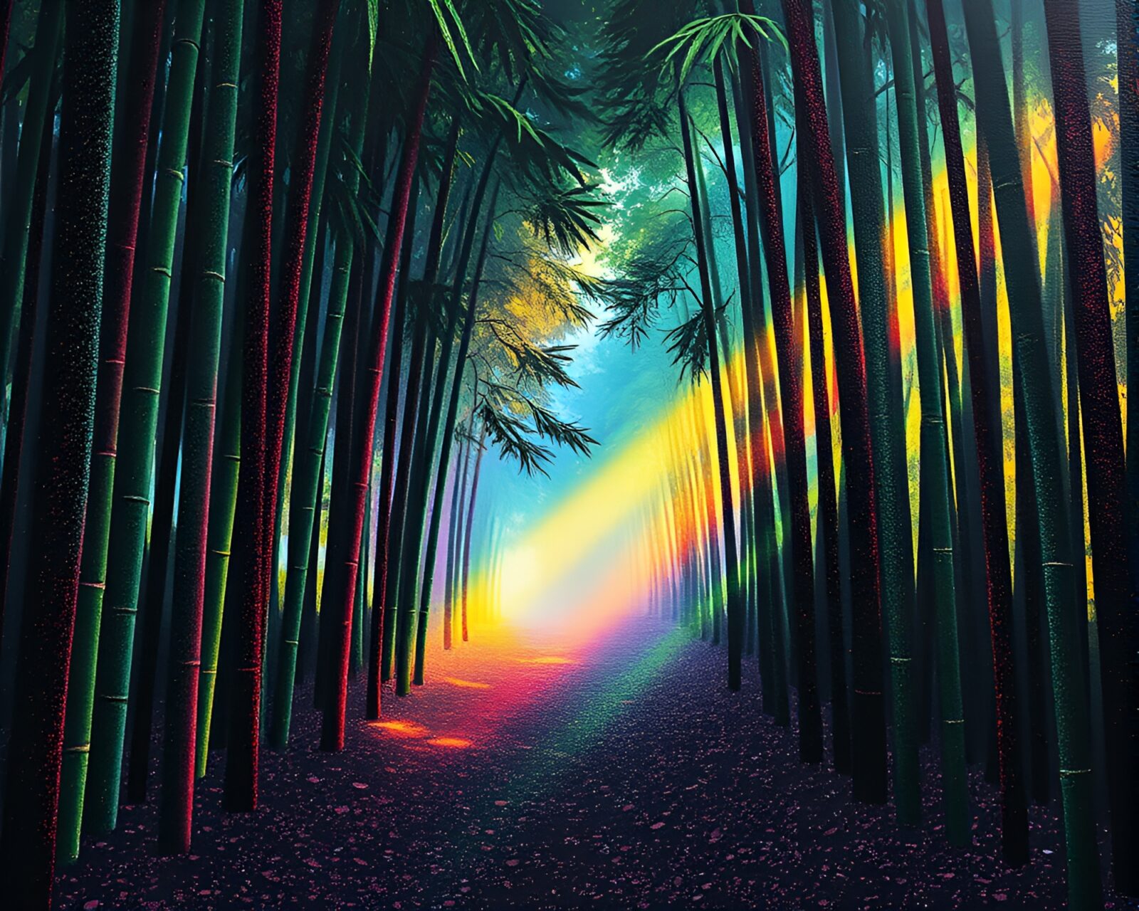 Chiaroscuro painting of vibrant bamboo grove with oil slick rainbow