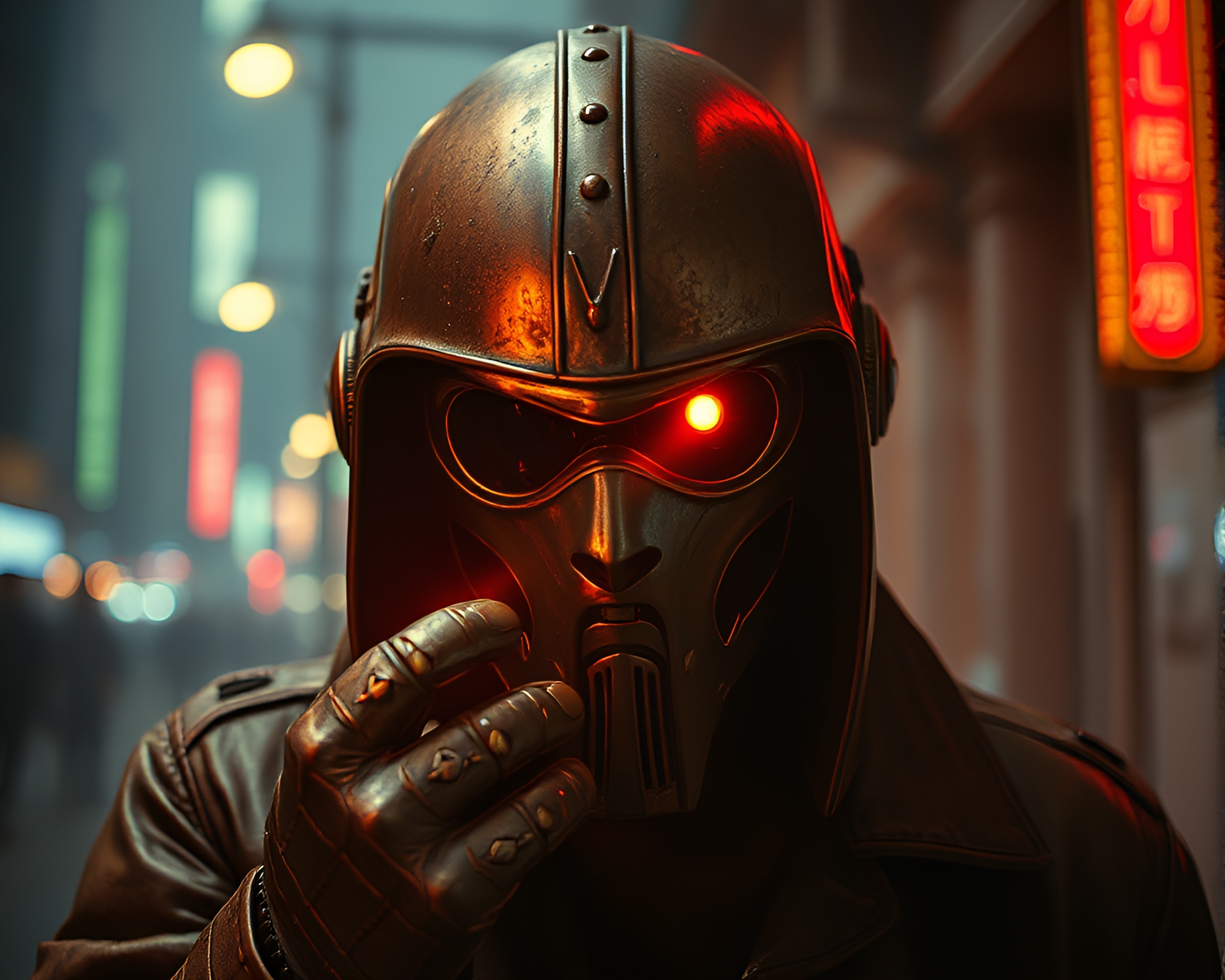 Bronze Patina Cyberpunk Vigilante Illuminated by Light Leaks – free AI stock image