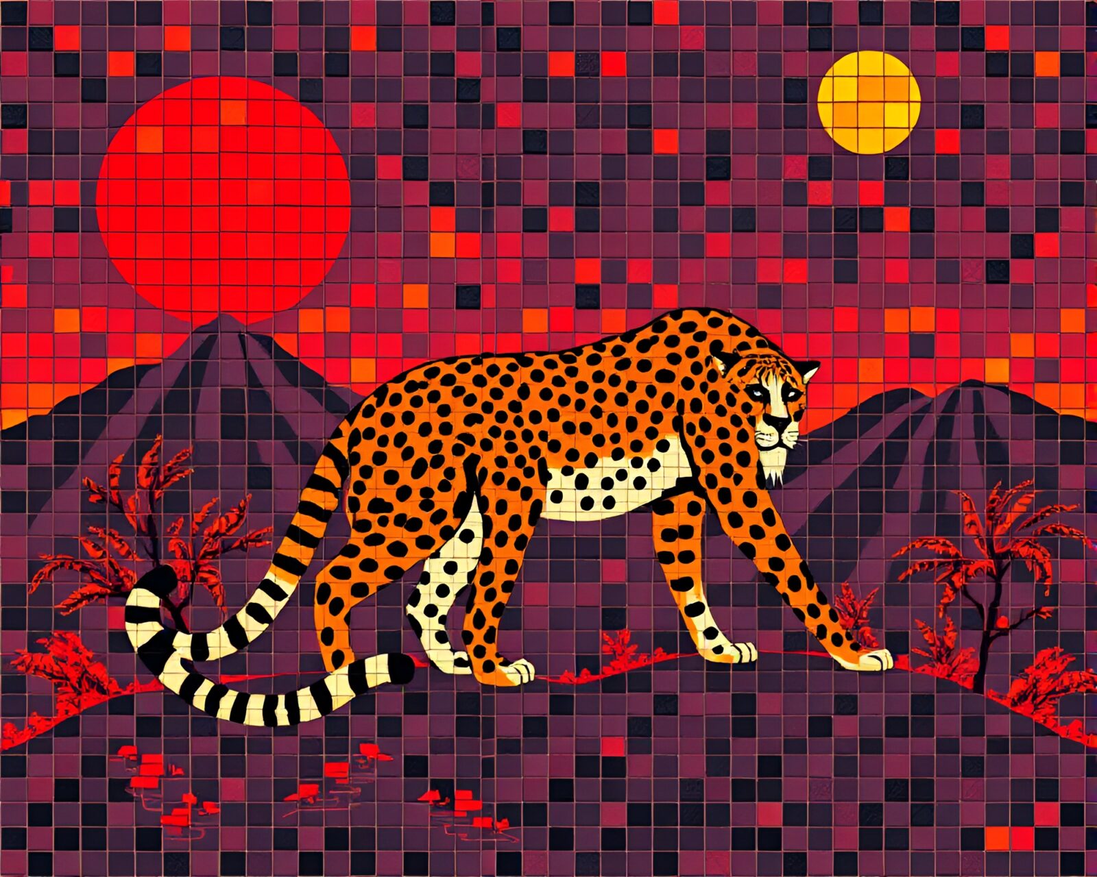 16-bit style mosaic art of a cheetah in fiery red lighting