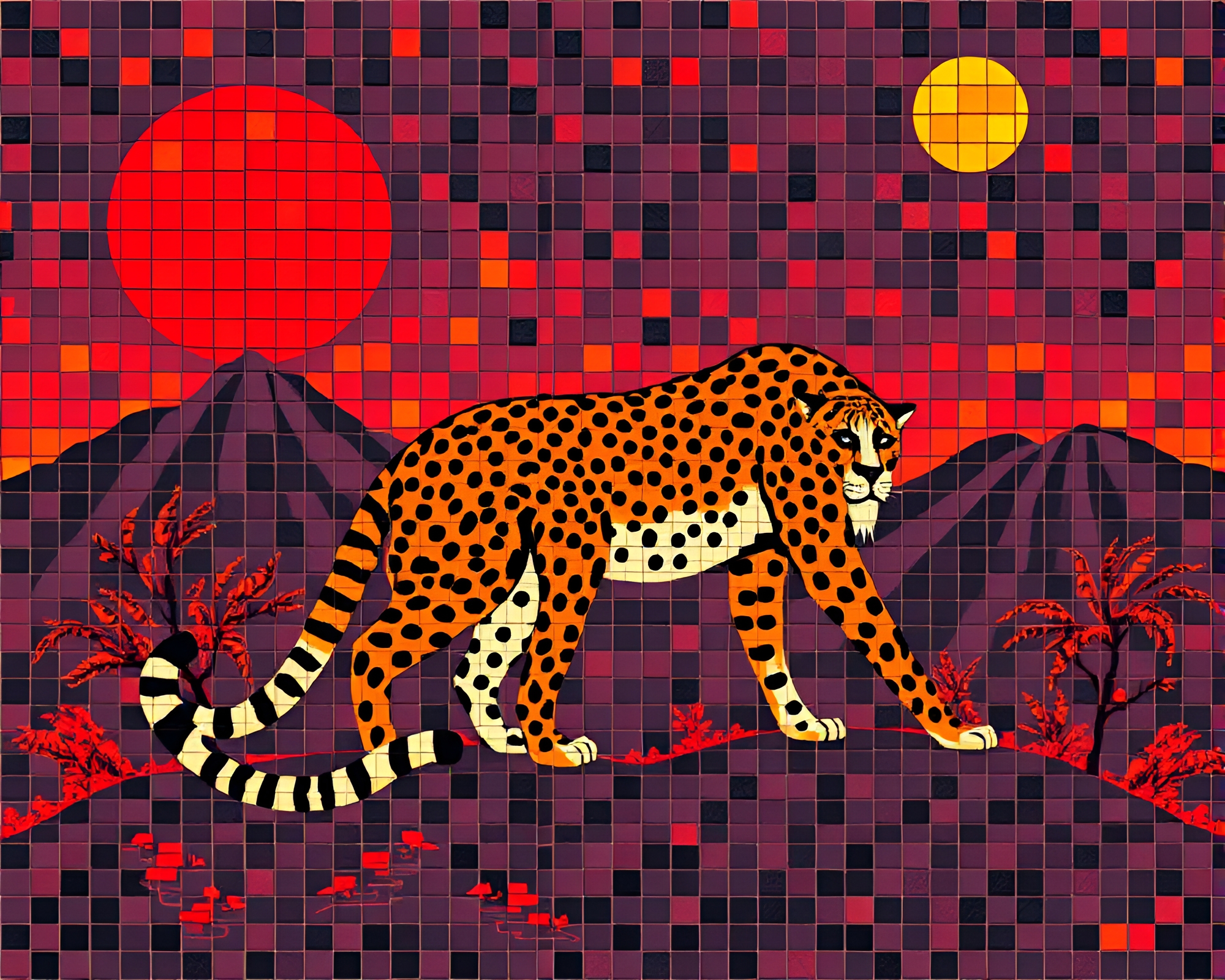 Cheetah Mosaic in Volcanic Glow – free AI stock image