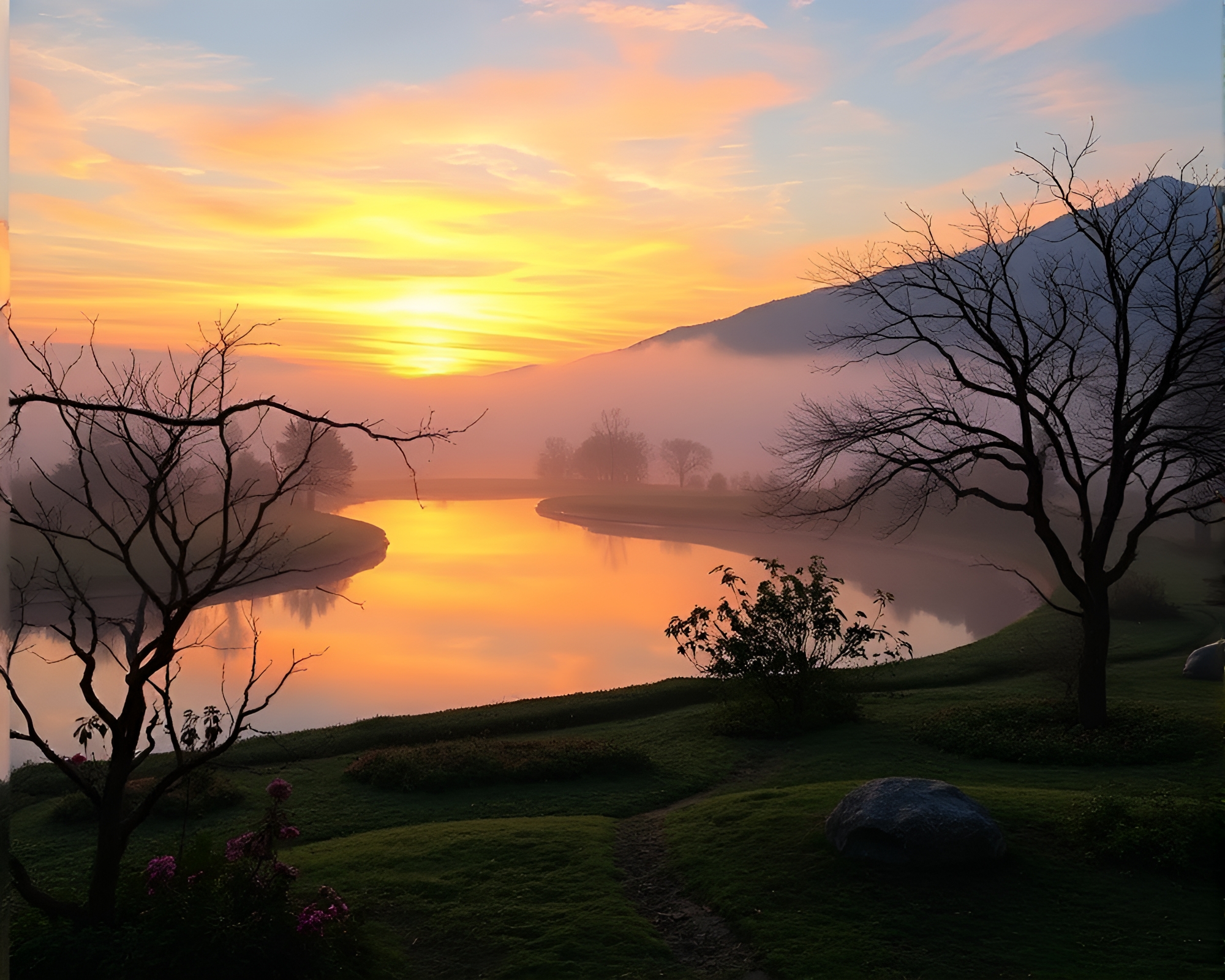 Zen Garden Serenity: Sunset Calligraphy in Misty Ambiance – free AI stock image