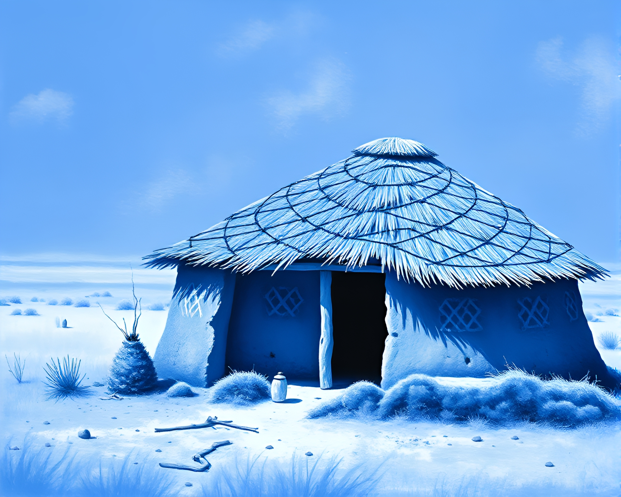Monochrome Blue Mud Hut Abstraction – free AI stock image