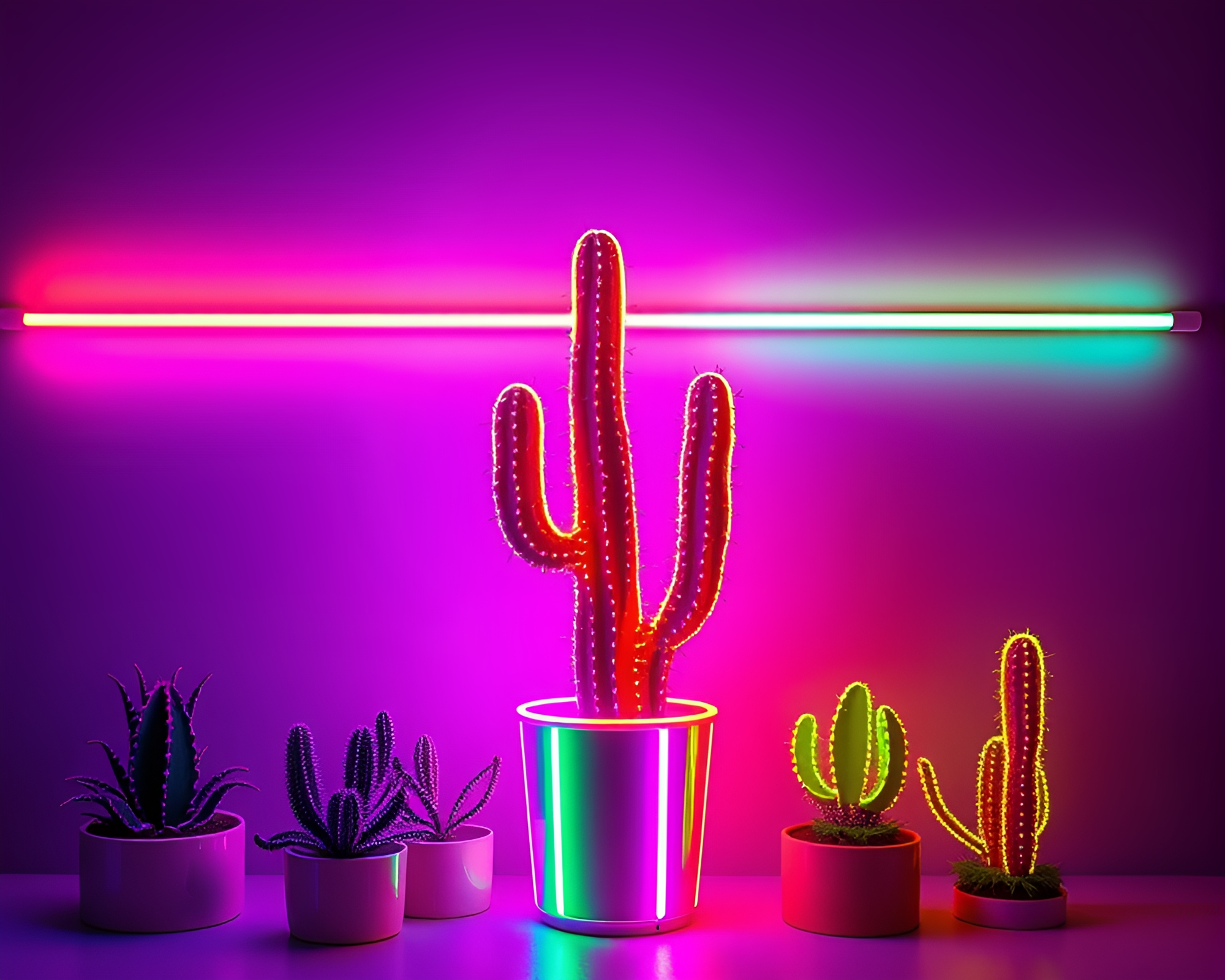 Vibrant Neon Cactus Illuminated by Rainbow Spectrum Glow – free AI stock image