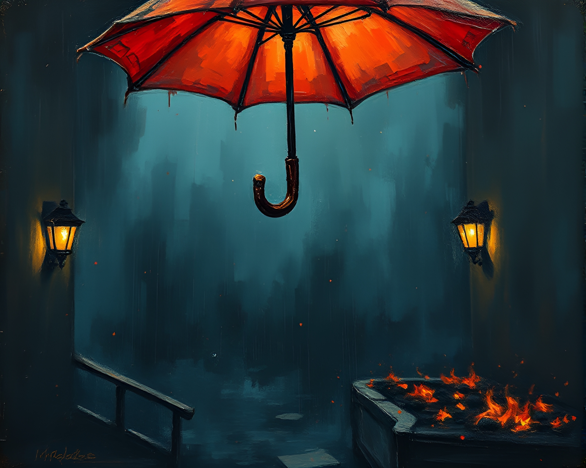 Floating Embers Dance Under Basement Umbrella – free AI stock image