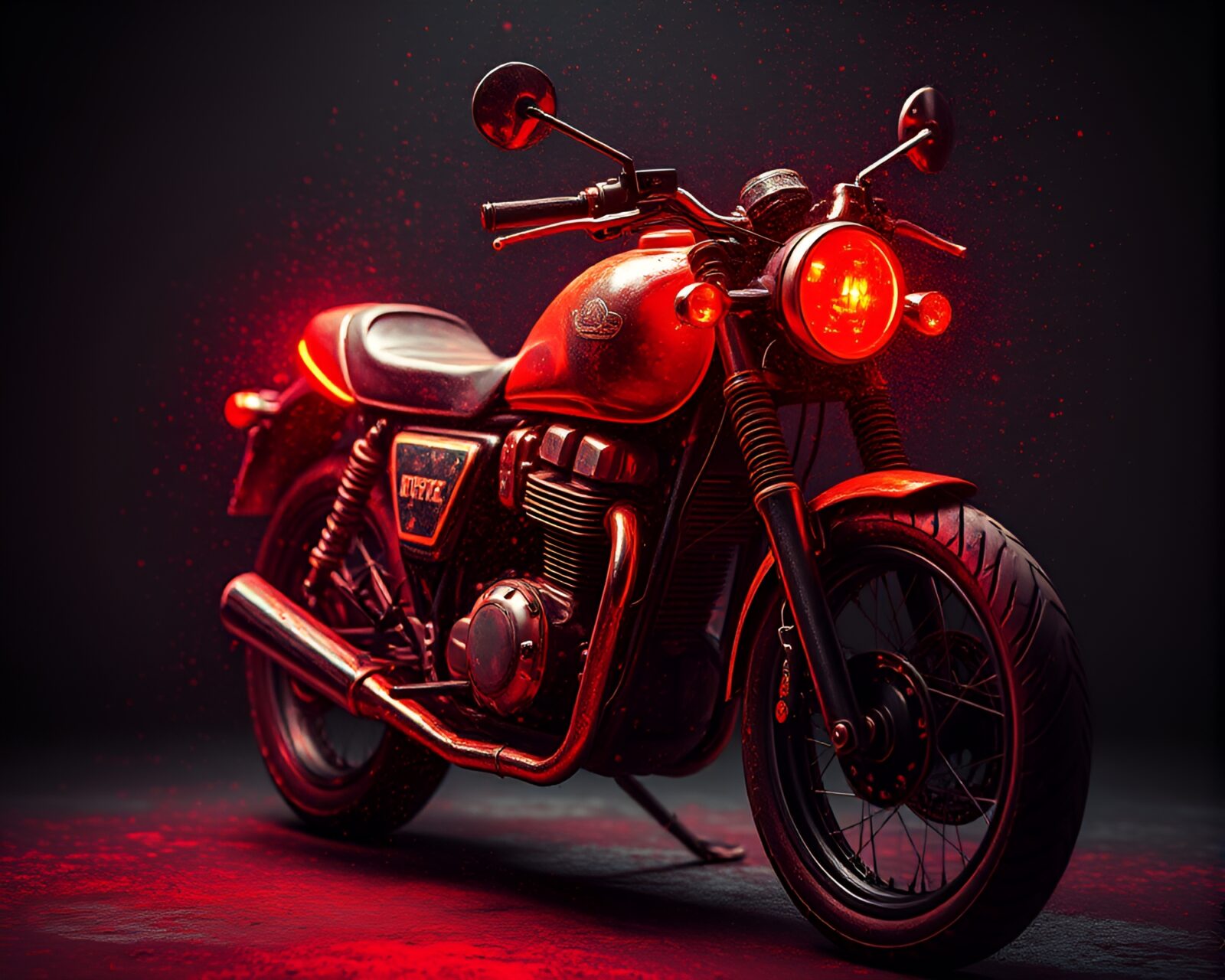 Neon-lit motorcycle surrounded by rusted ruins and dust