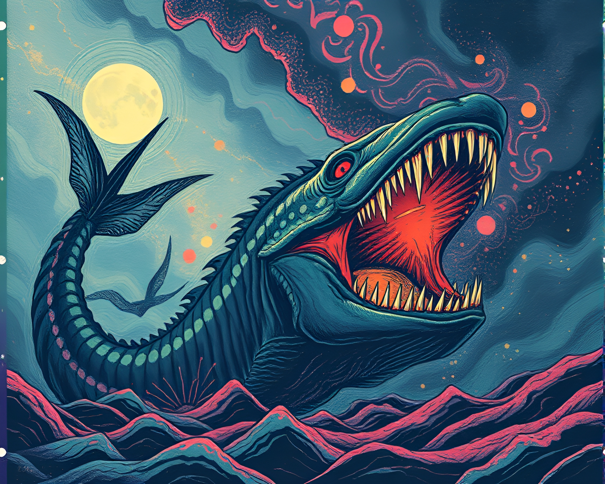 Surreal Leviathan Emerging in Linocut Print Style – free AI stock image