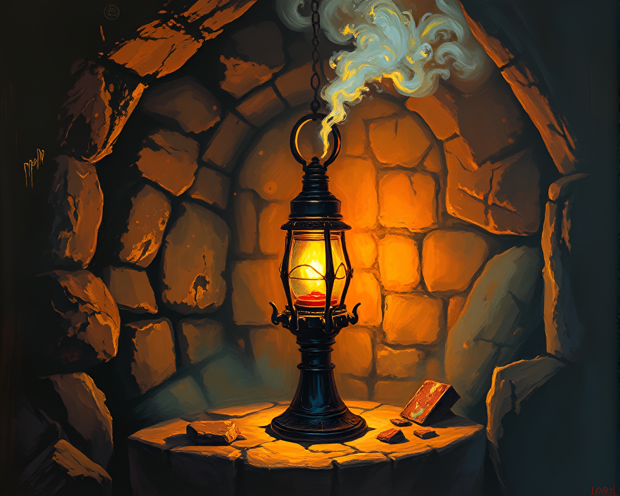 Enchanted Dungeon Lamp with Steam Vapor – free AI stock image