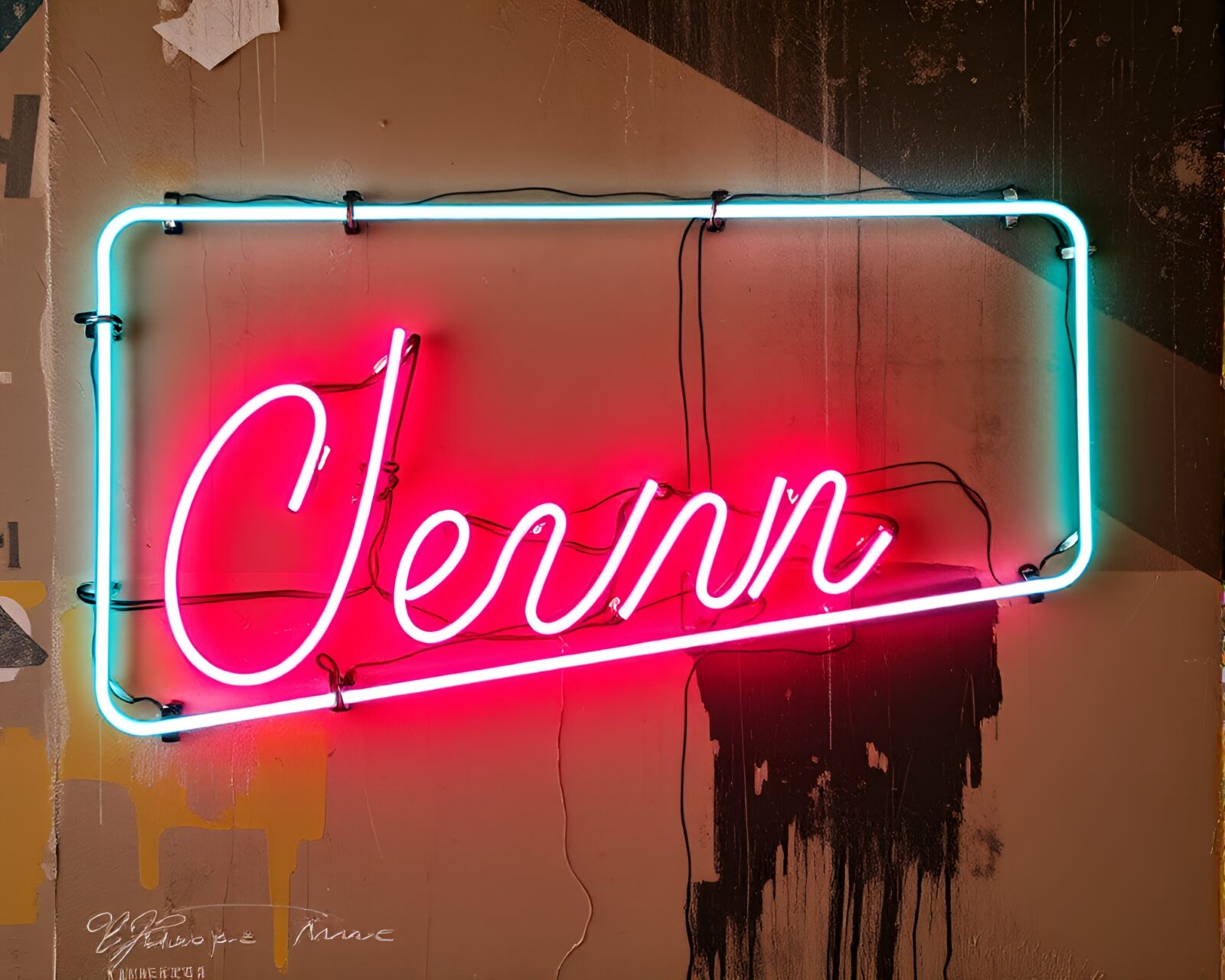 Vibrant neon sign entwined in intricate etched lines