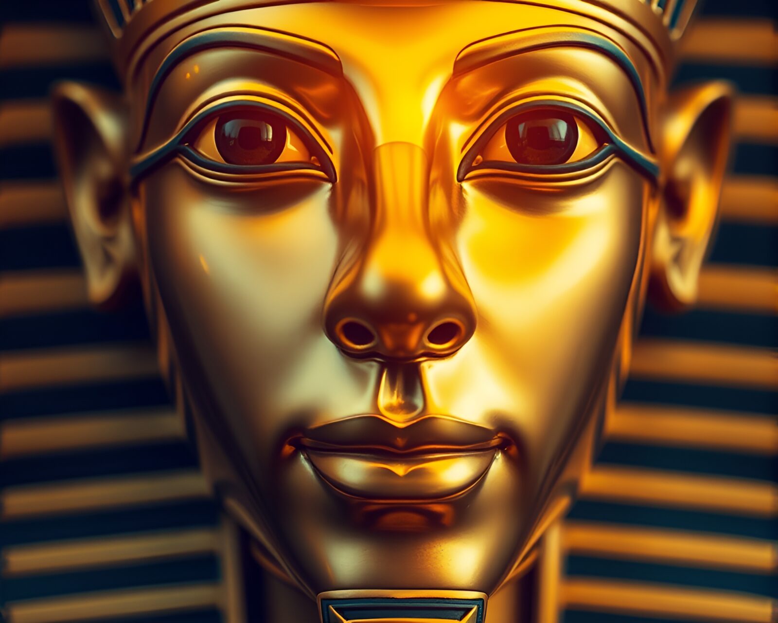 Close-up of ancient Pharaoh's mask glowing in golden light